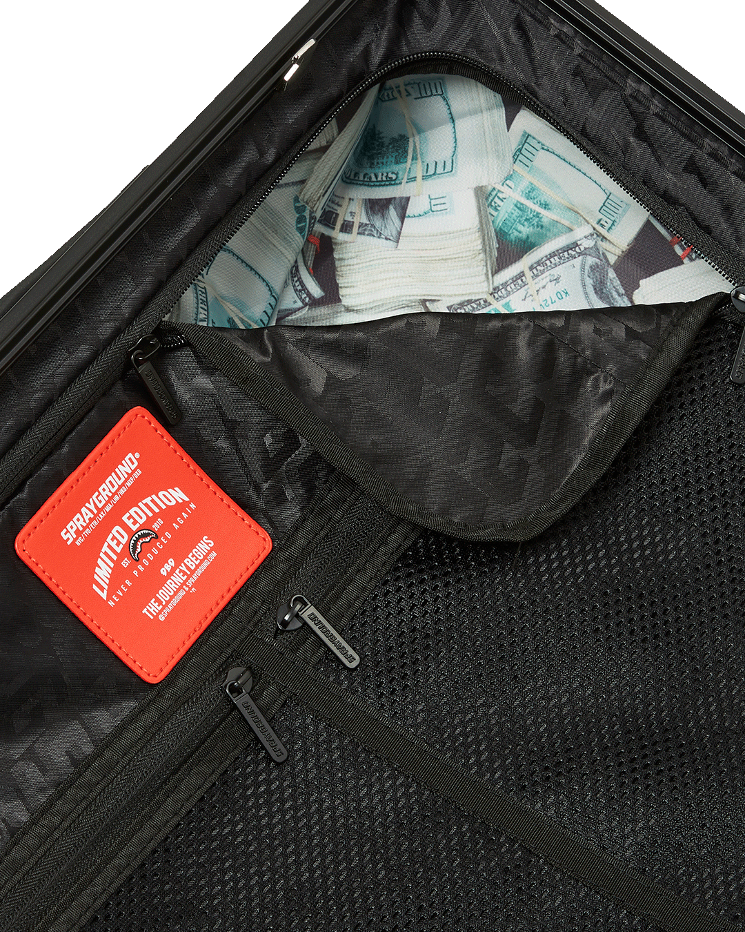 Interior of the Sharknautics Hardshell Carry-On Luggage, featuring multiple pockets and compartments for organization.