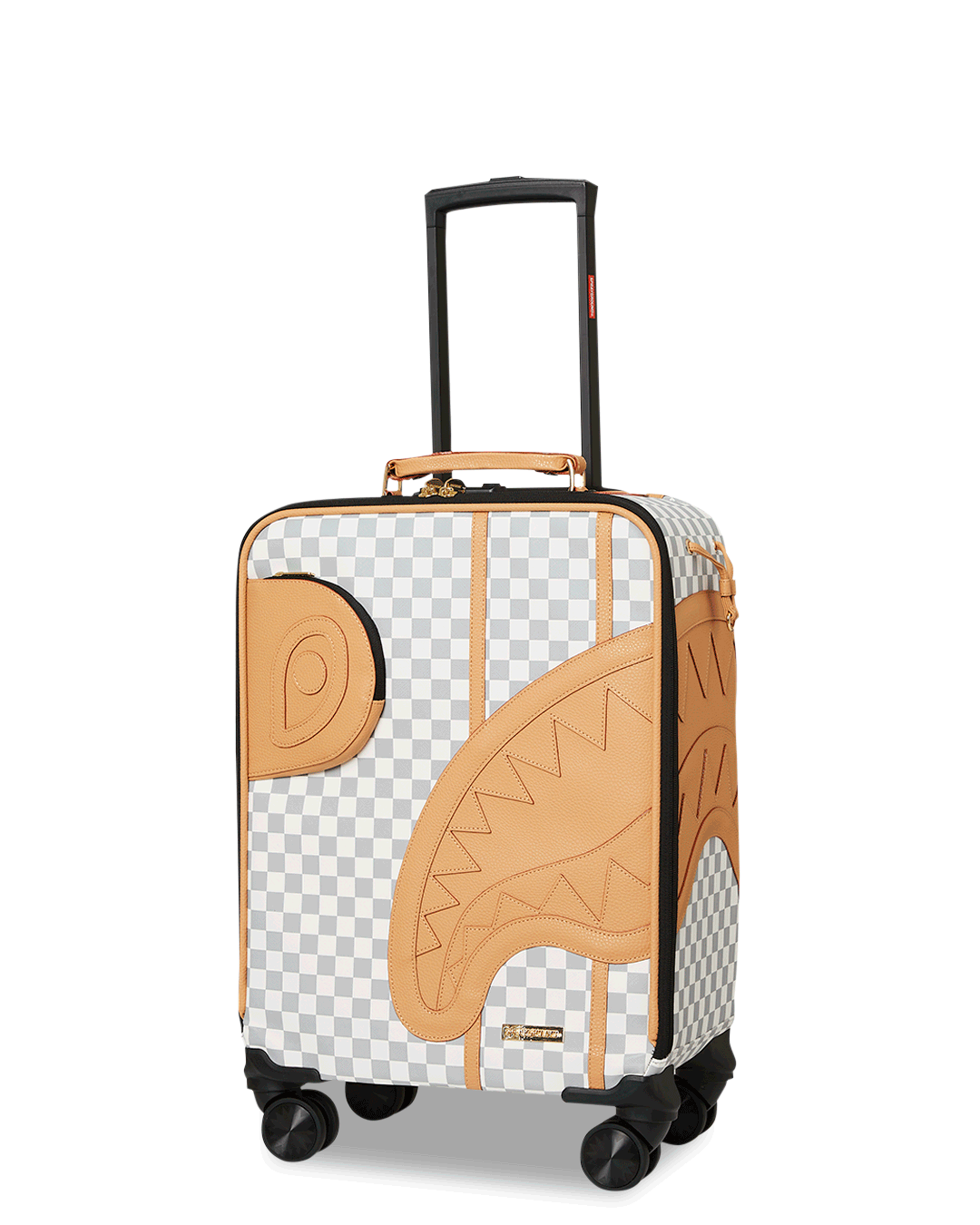 Latte Luxe soft shell carry-on luggage with faux leather exterior and embossed logo, perfect for stylish travel.