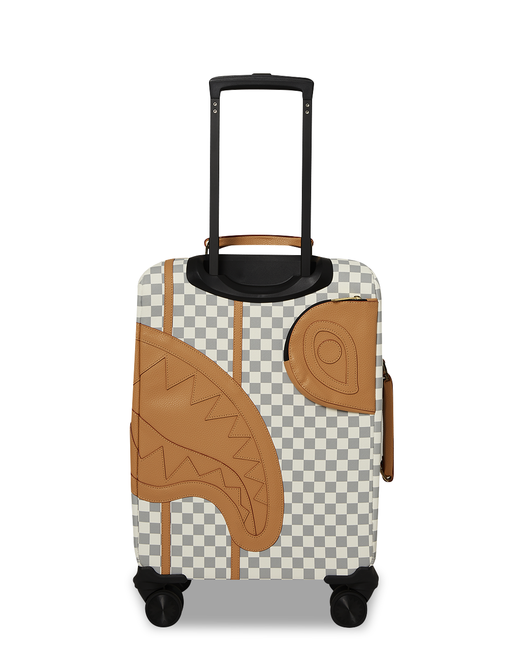 Latte Luxe soft shell carry-on luggage with faux leather exterior and embossed logo, perfect for stylish travel.