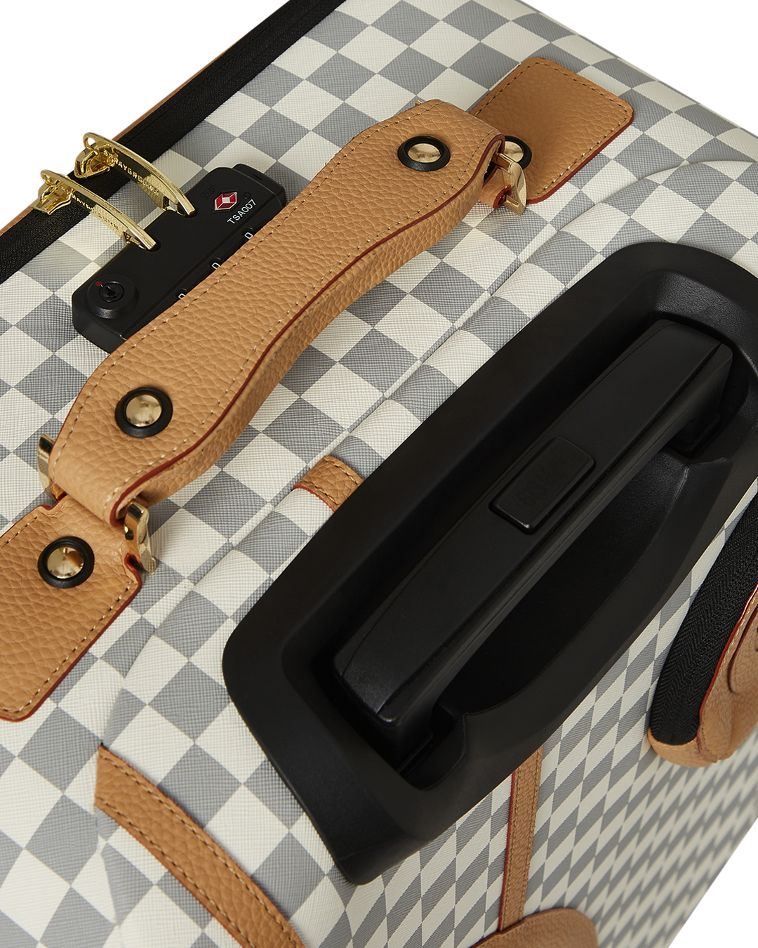 Latte Luxe luggage in use at an airport, demonstrating its durability and maneuverability.