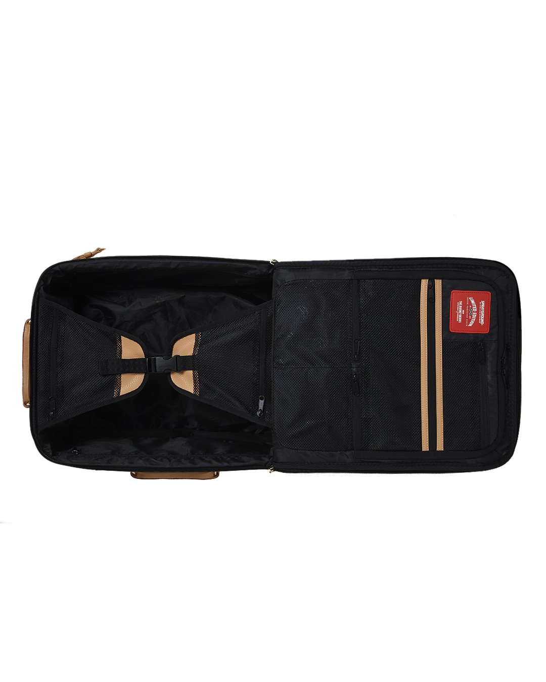 Latte Luxe soft shell carry-on luggage with faux leather exterior and embossed logo, perfect for stylish travel.