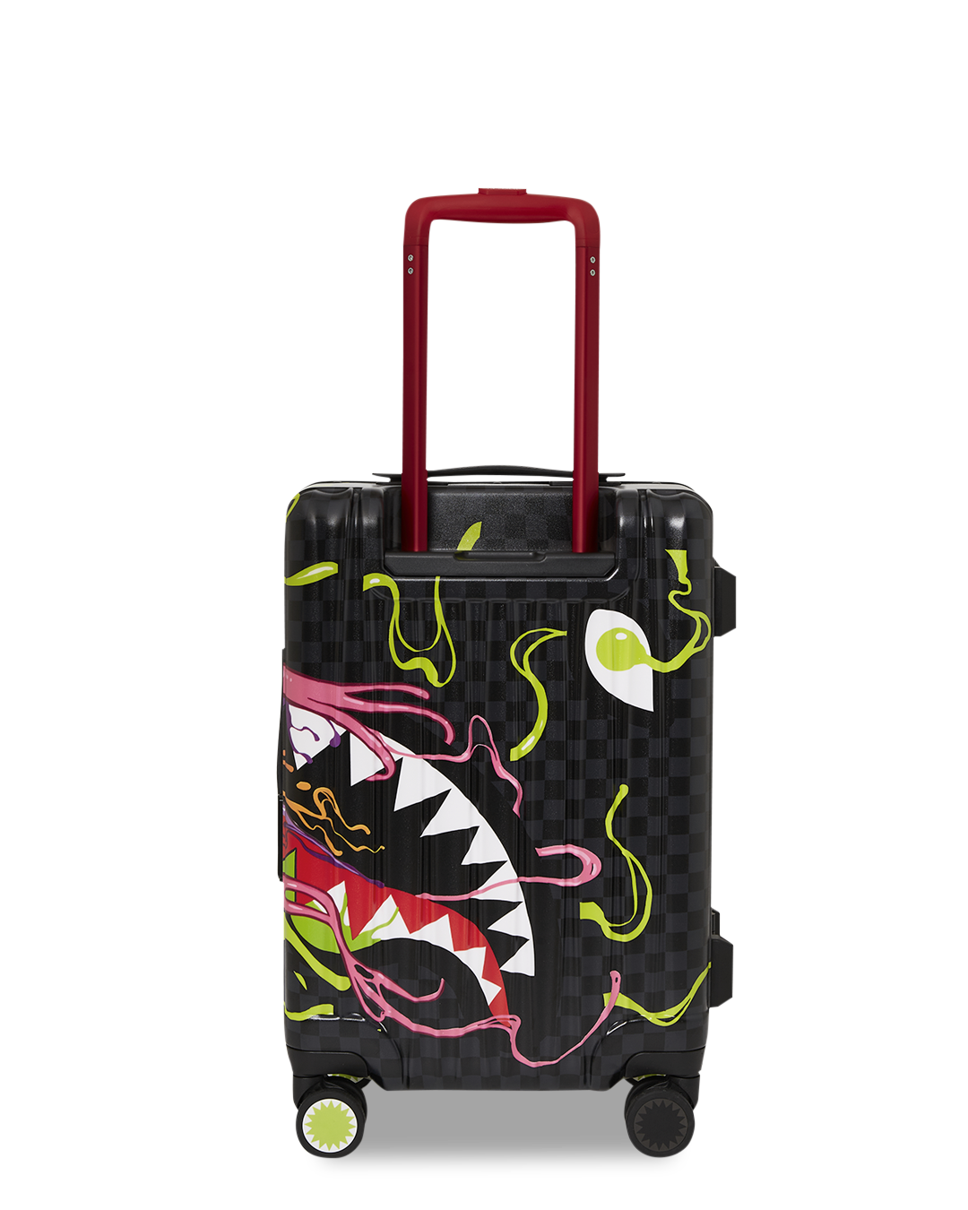 Angled view of polycarbonate luggage with telescopic handle extended