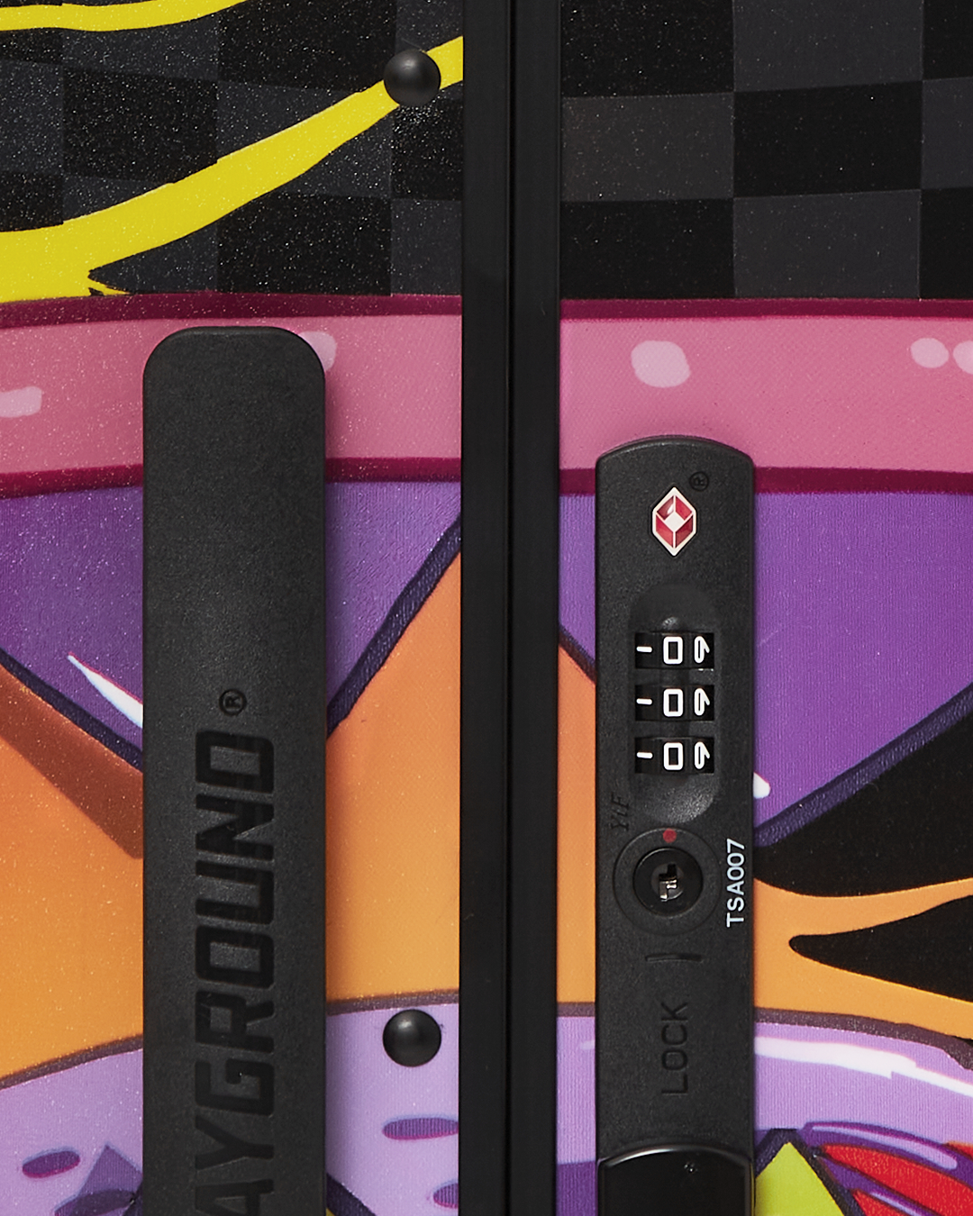 Angled view of polycarbonate luggage with telescopic handle extended