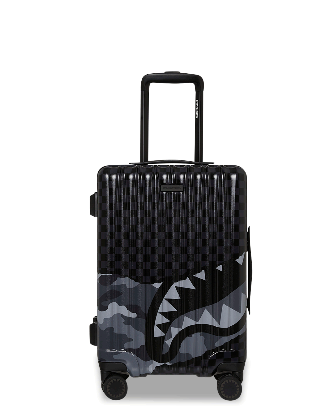 Front view of Riptide Shark Nautics hard shell carry-on luggage on a travel path.