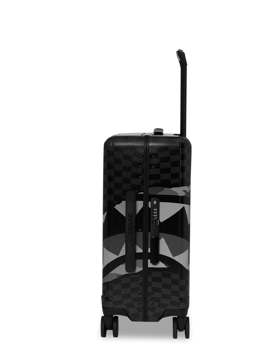 Front view of Riptide Shark Nautics hard shell carry-on luggage on a travel path.