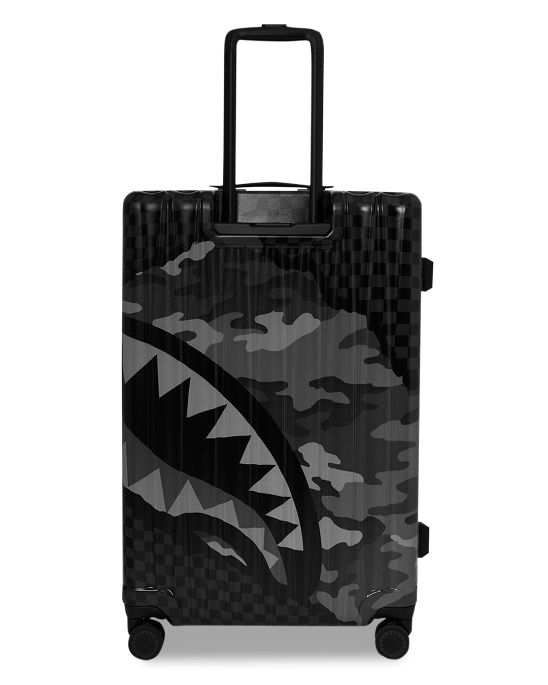 Interior view of large hard shell luggage with organized compartments.