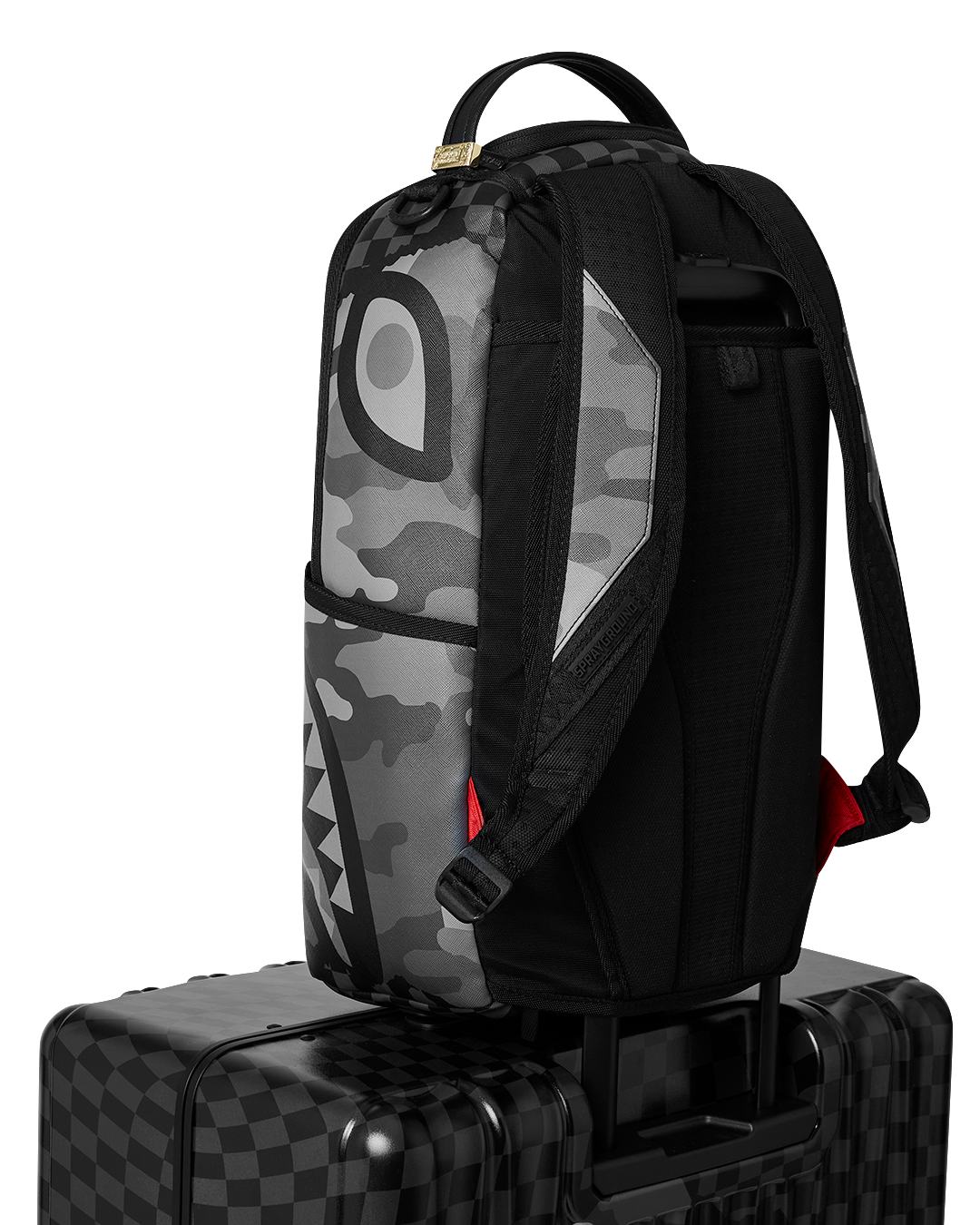 Riptide Shark Nautics hard shell luggage featuring double spinner wheels.