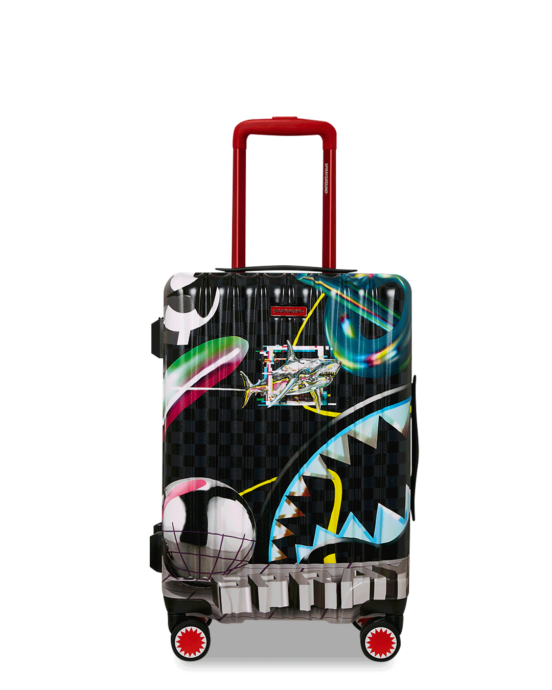 SharknauTics hardshell carry-on luggage being wheeled through airport terminal