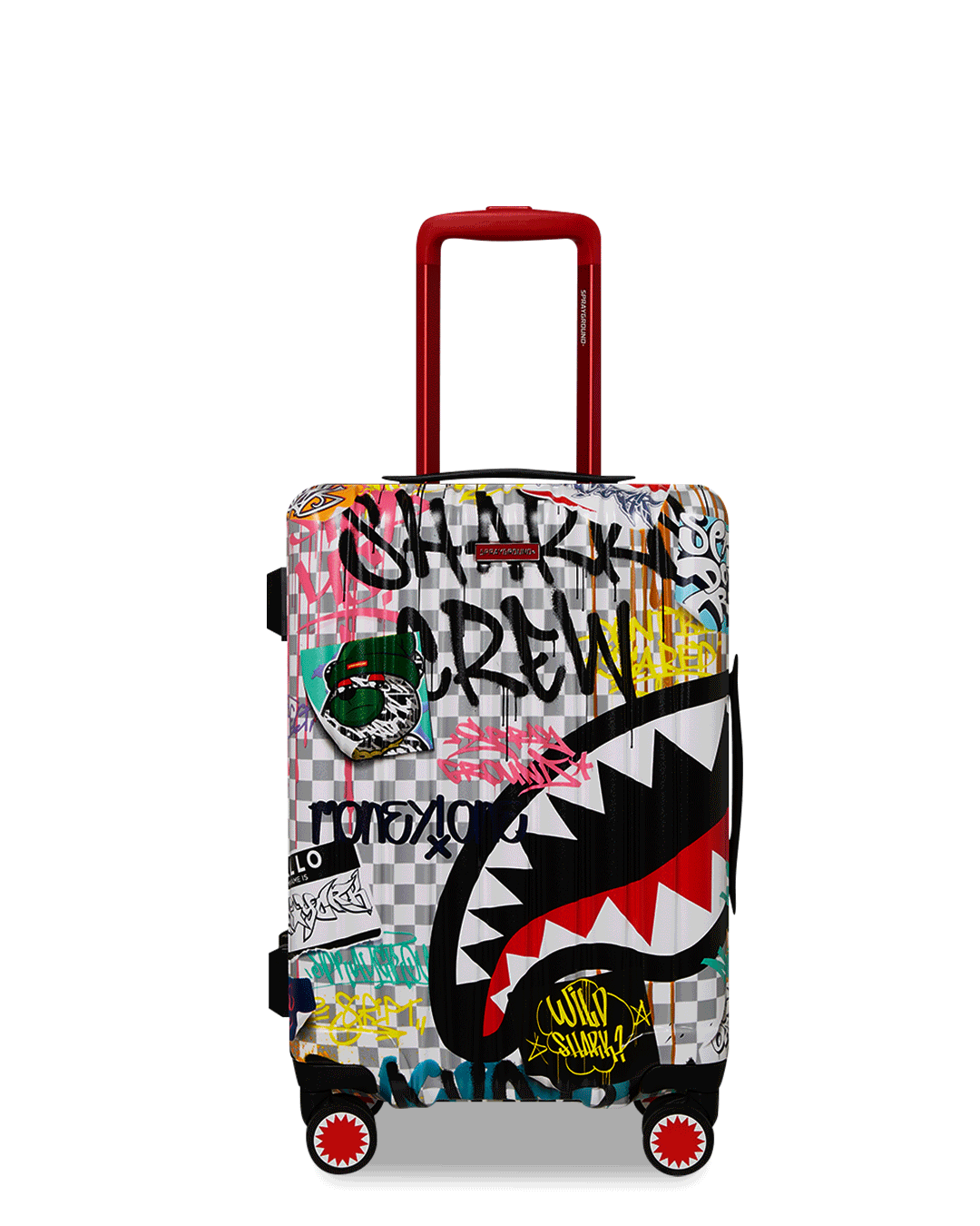 Front view of Sharknautics hard shell carry-on luggage with spinner wheels.