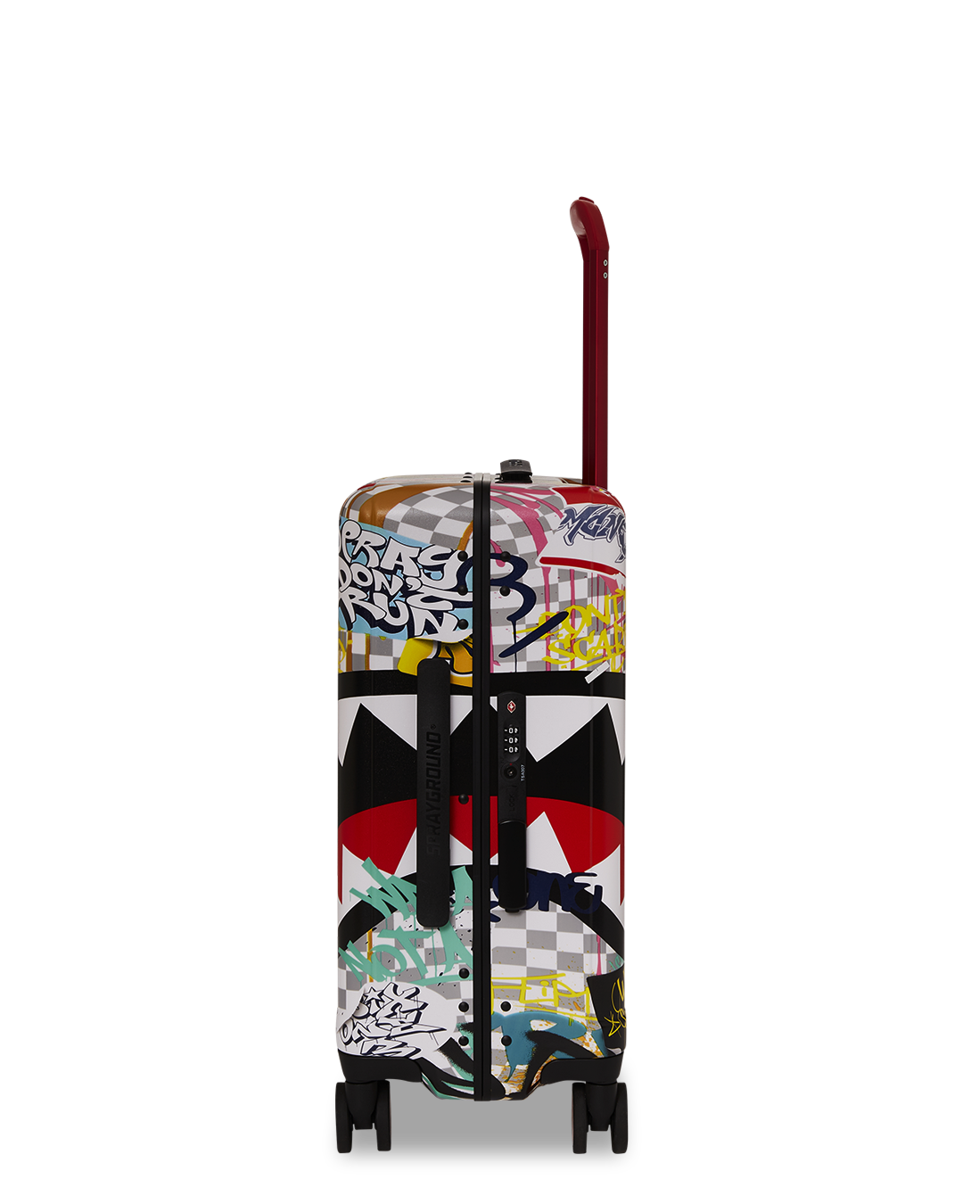 Front view of Sharknautics hard shell carry-on luggage with spinner wheels.