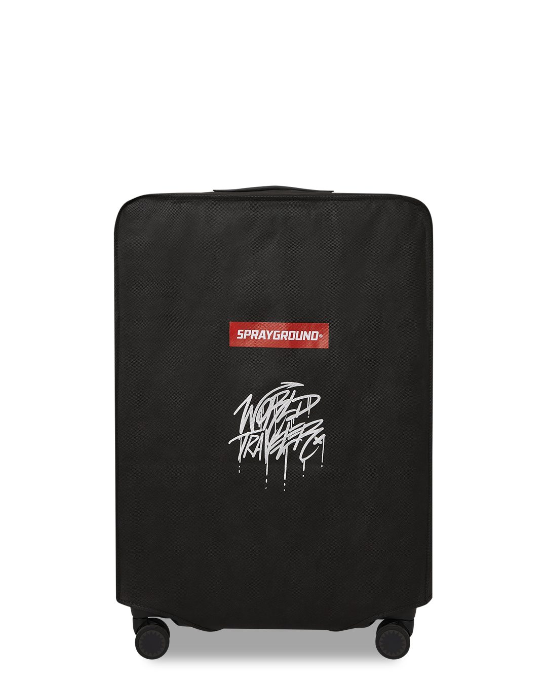 Sharknautics hardshell luggage upright with telescoping handle, shown in airport setting