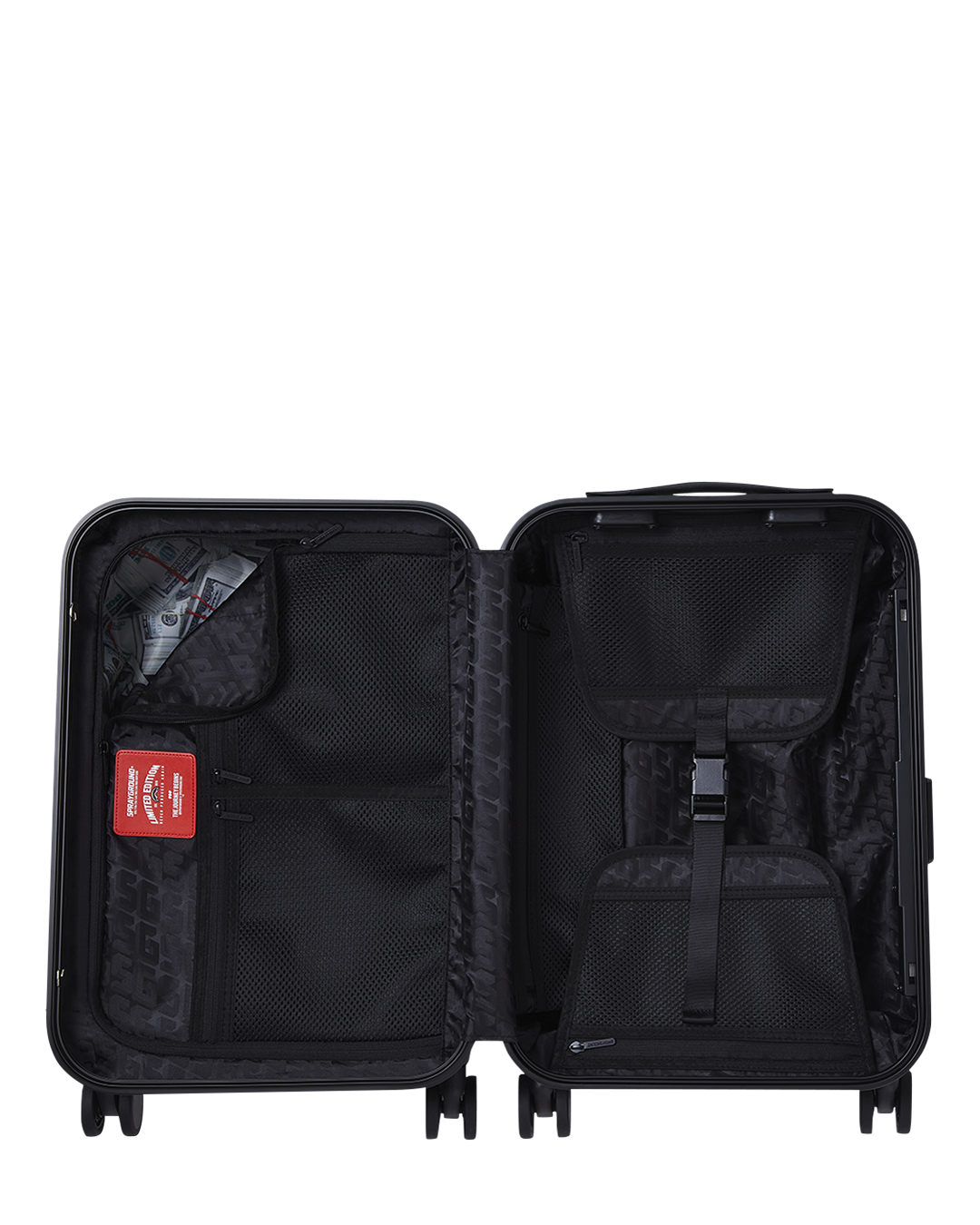 Spinner wheels and telescoping handle of durable hard-shell luggage