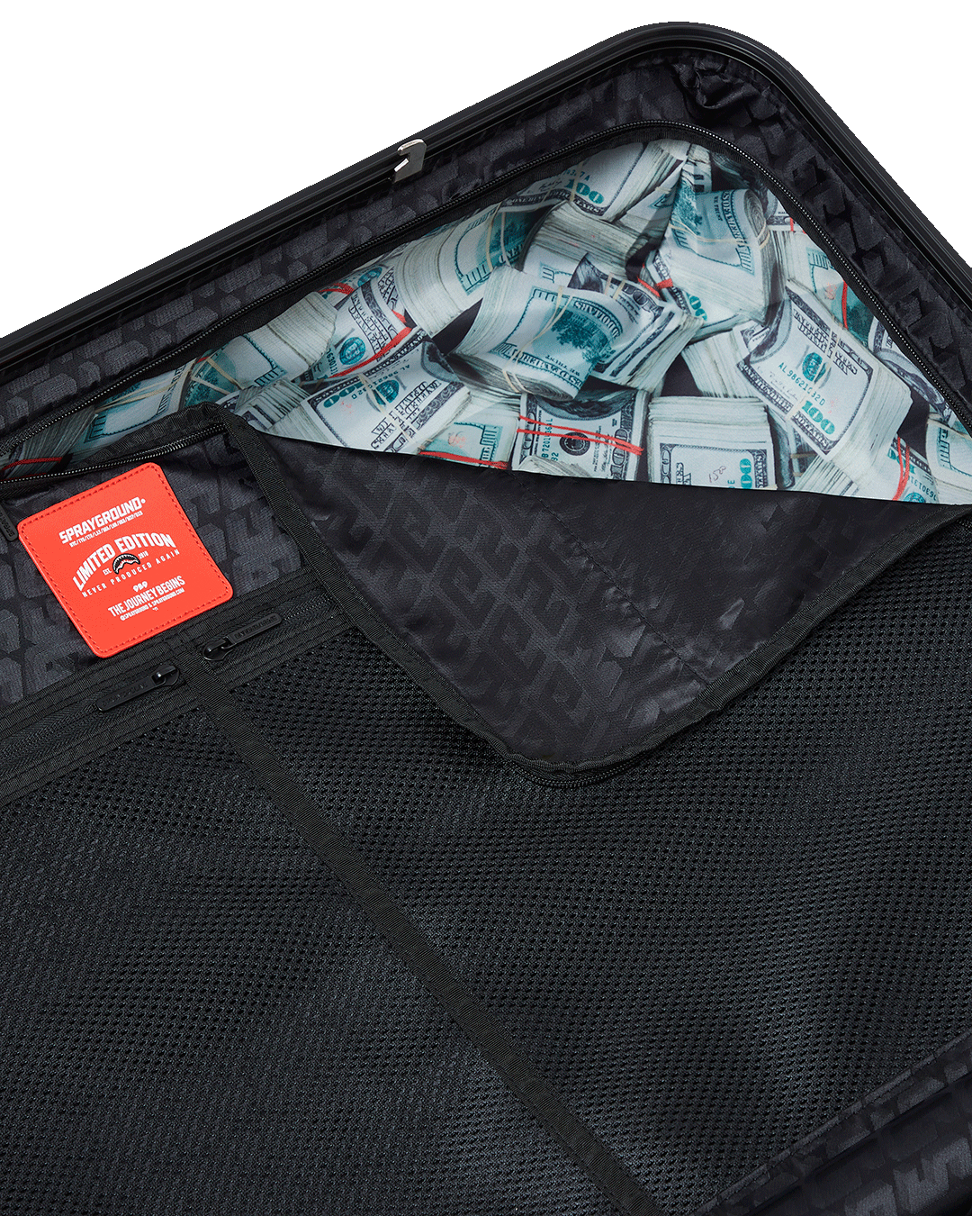 Close-up of the polycarbonate exterior with shark sculpture design on JetBlack luggage
