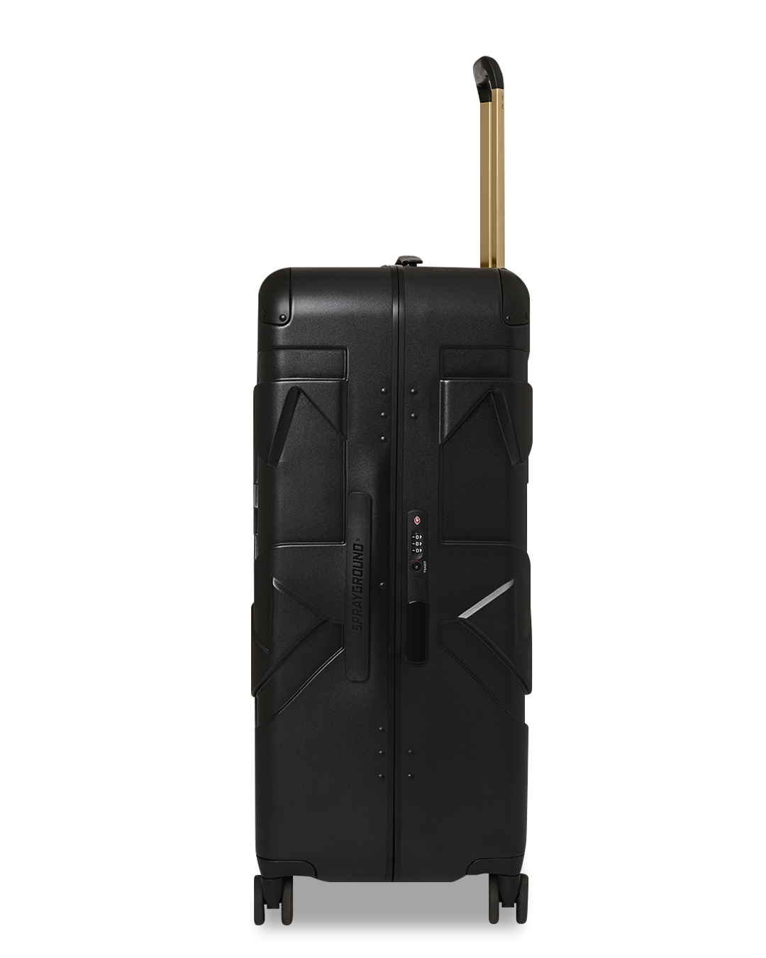 Close-up of JetBlack luggage with gold hardware and double spinner wheels.