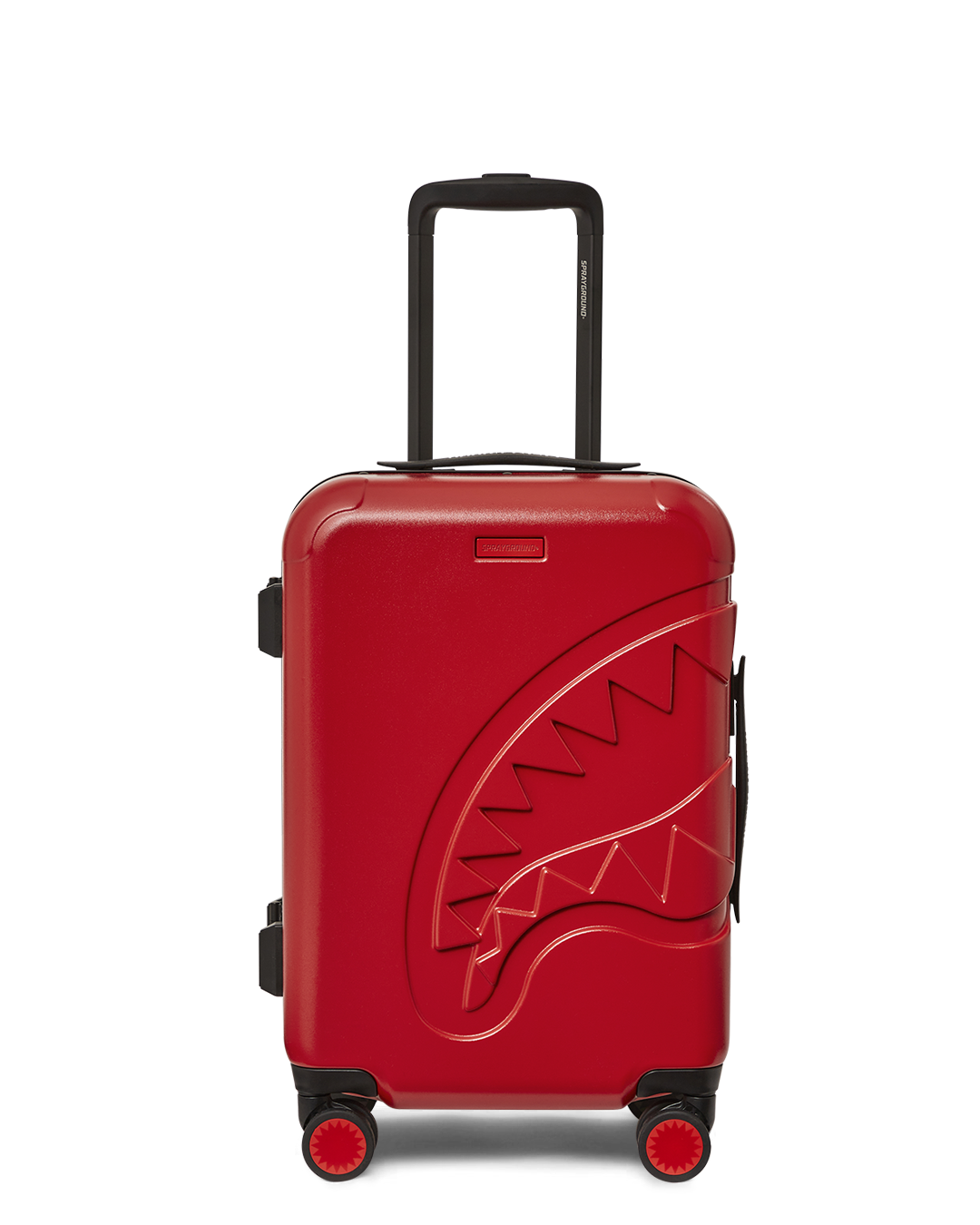 Close-up of the double spinner wheels on the Sharkitecture carry-on for smooth navigation.