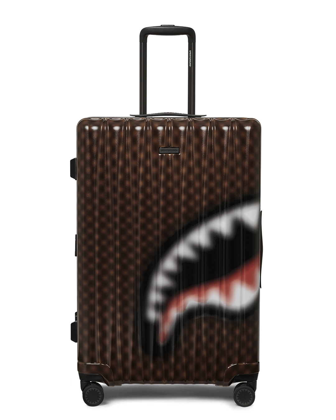 Side view of spinner suitcase with telescoping handle and dual wheels in use