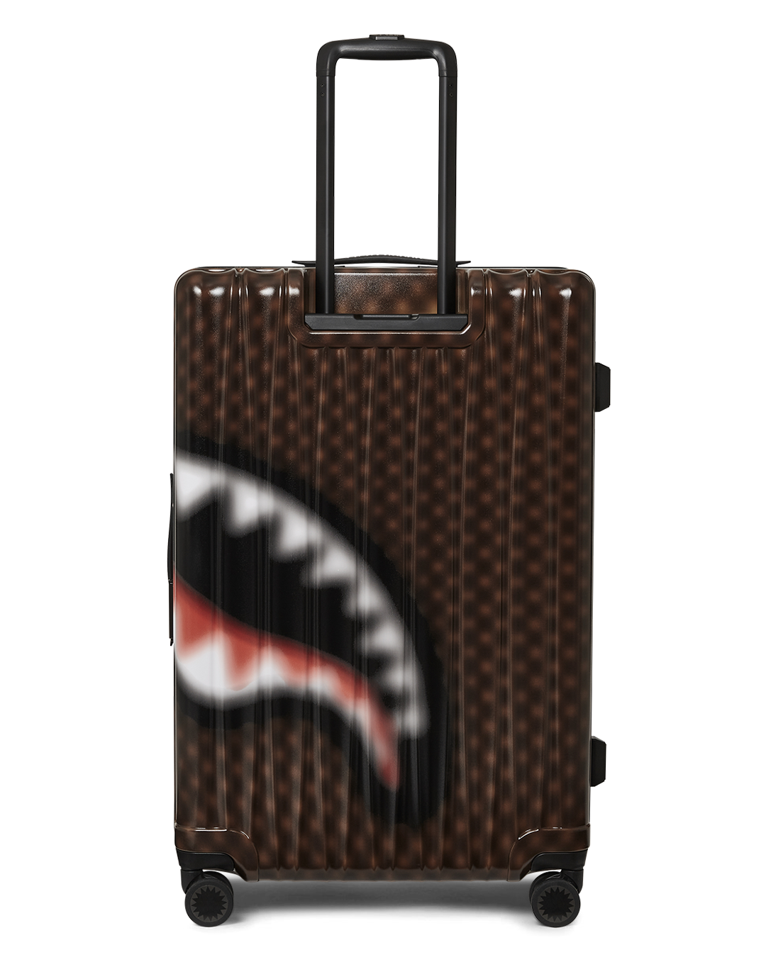 Open interior of hard shell luggage with organized compartments and compression straps