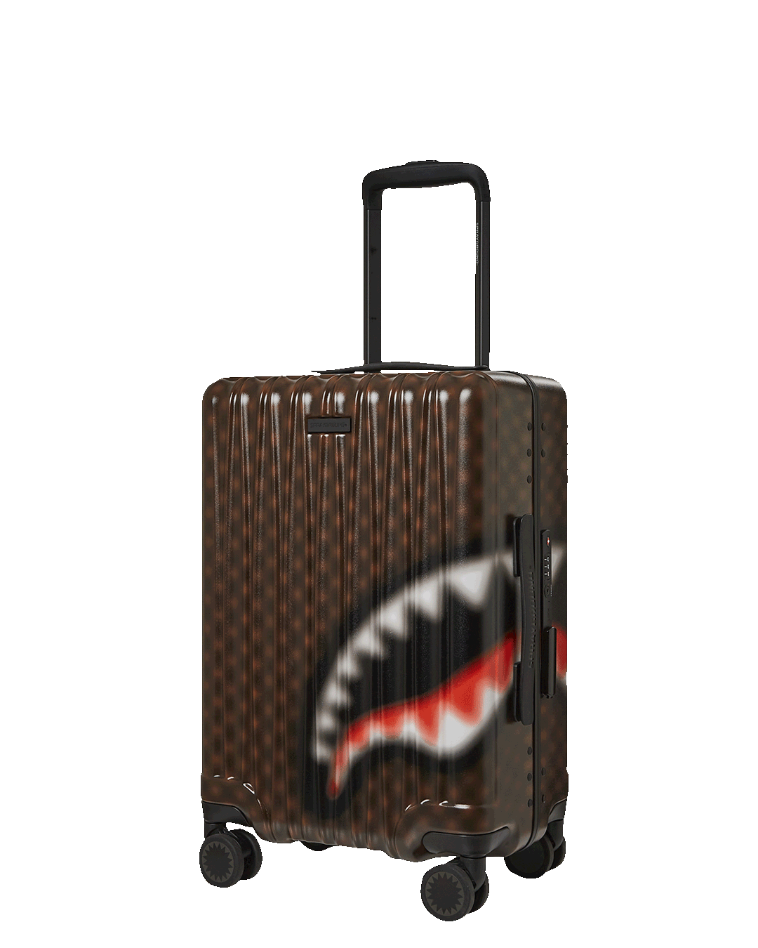 Front view of the polycarbonate suitcase with shark sculpture design
