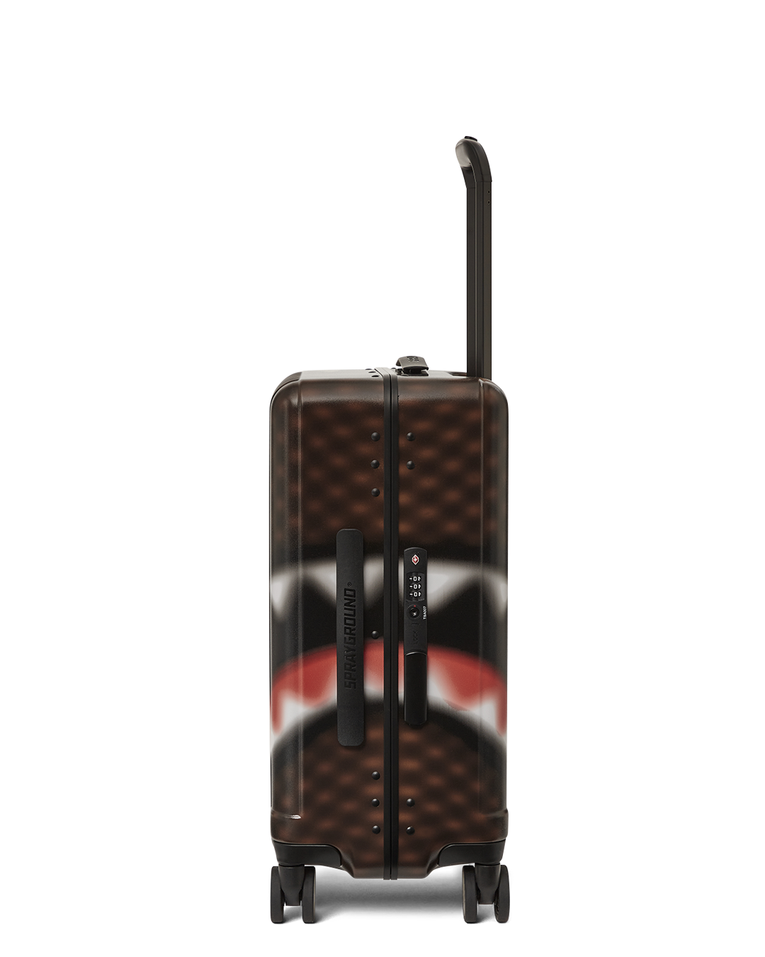 Front view of the polycarbonate suitcase with shark sculpture design