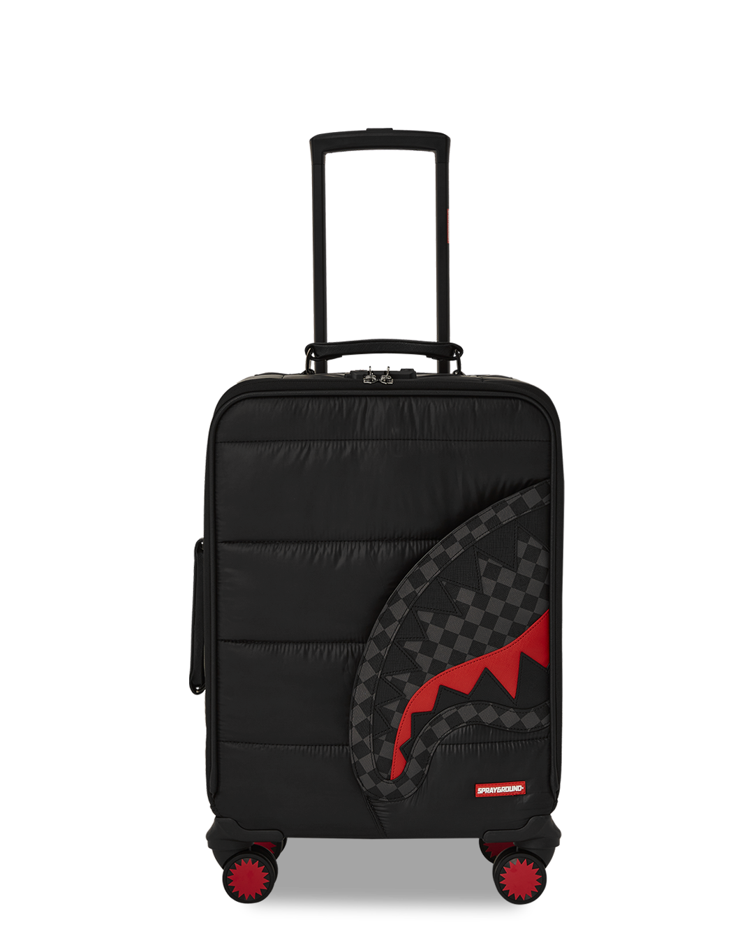 Snowwstorm Puffer Imperial carry-on luggage with 4 dual spinning wheels in action