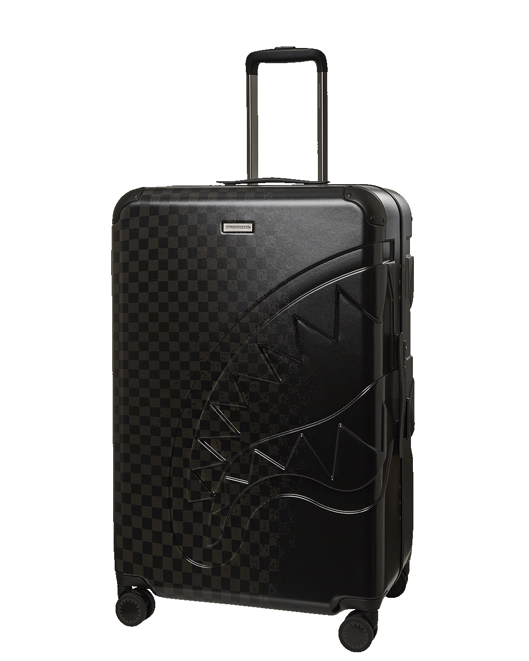 Close-up of the polycarbonate exterior with shark sculpture detail on the suitcase