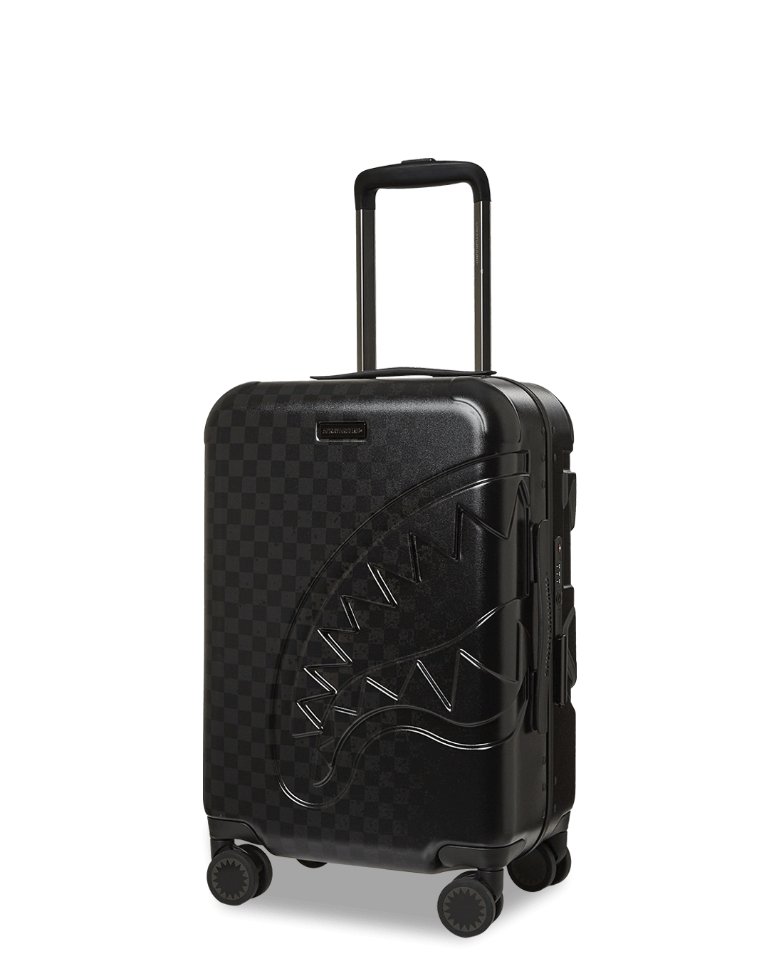 Close-up of Nightsharks polycarbonate luggage showing TSA-approved locks and sleek shark sculpture.
