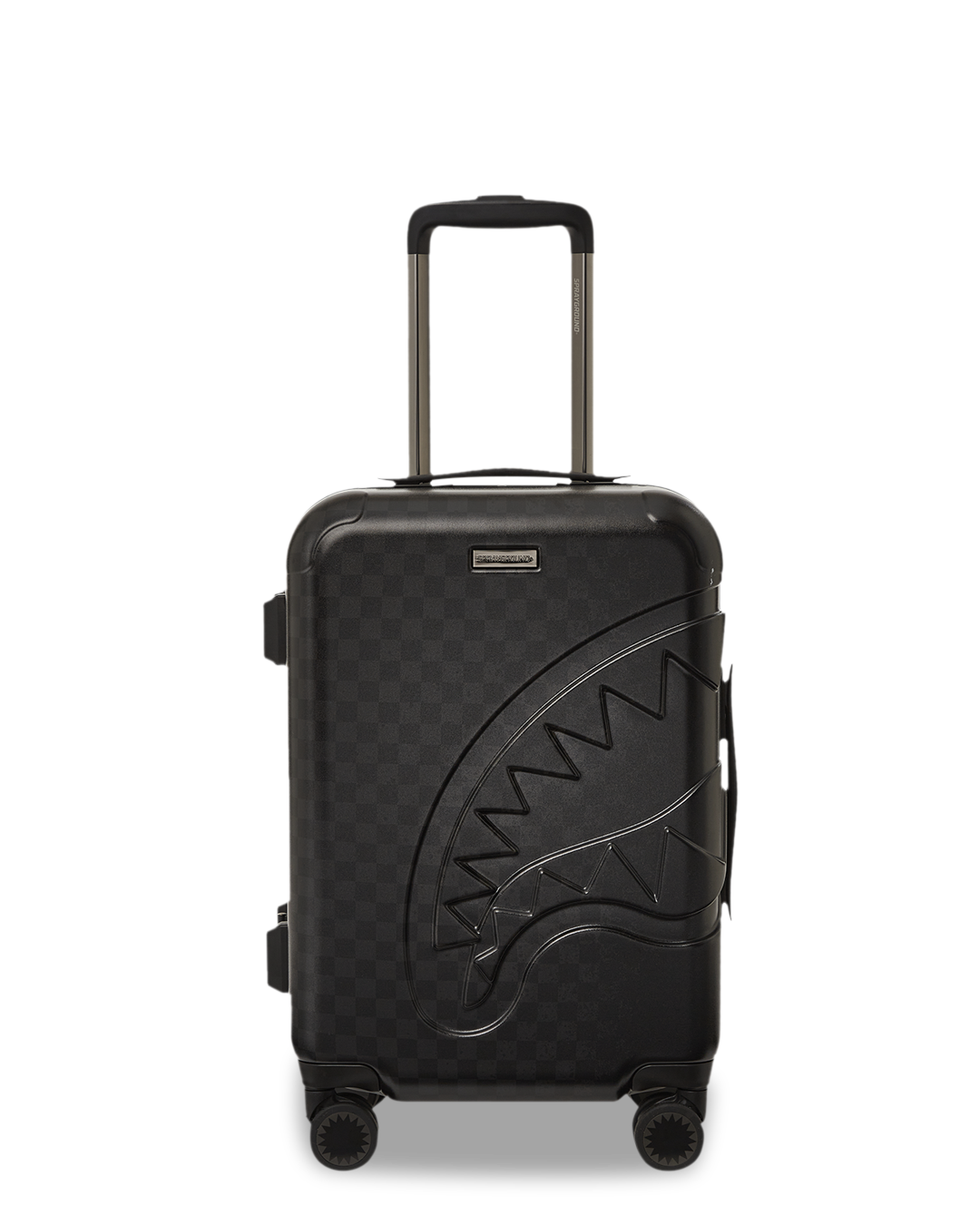 Close-up of Nightsharks polycarbonate luggage showing TSA-approved locks and sleek shark sculpture.