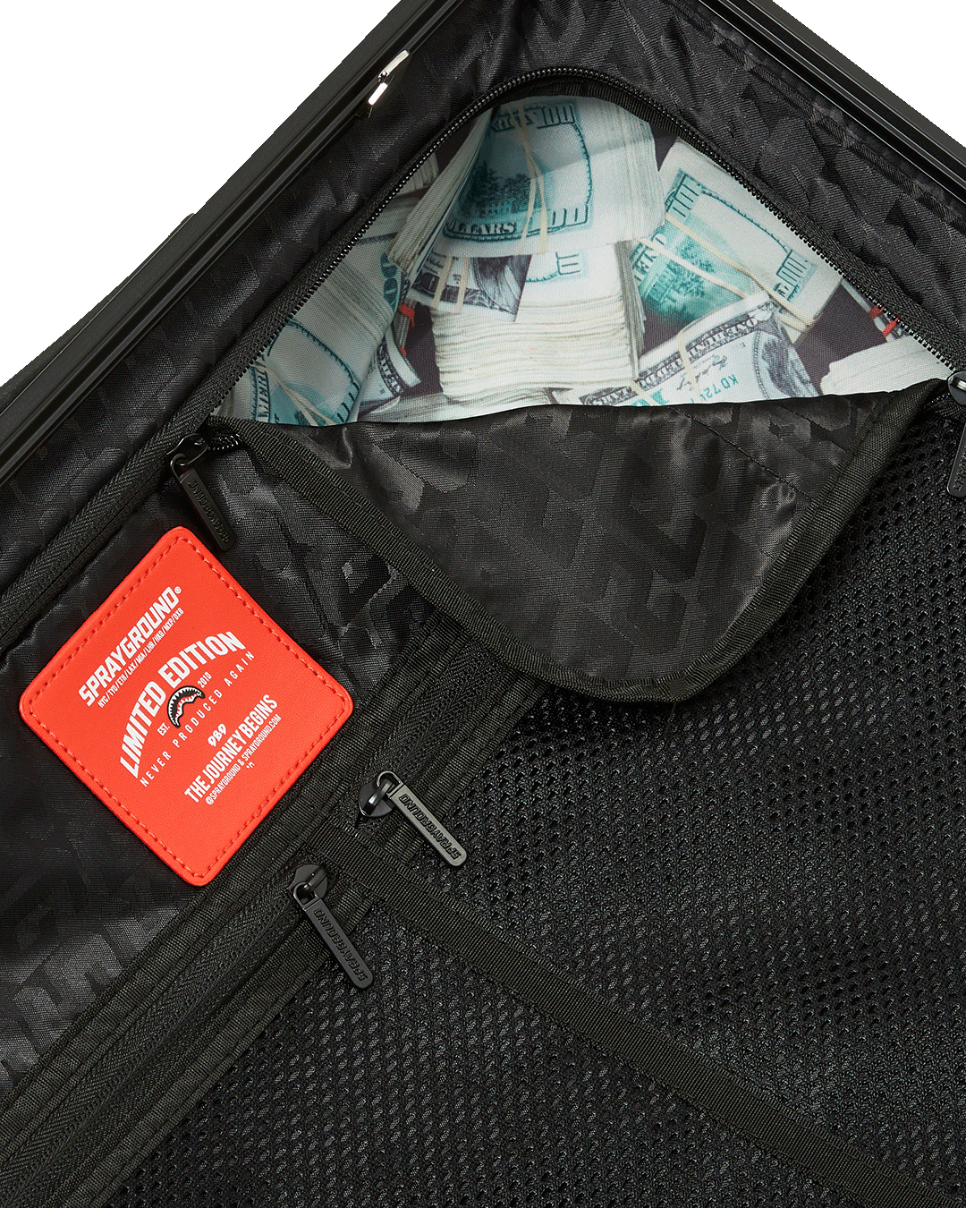 Interior view of carry-on luggage with organized compartments and compression straps.
