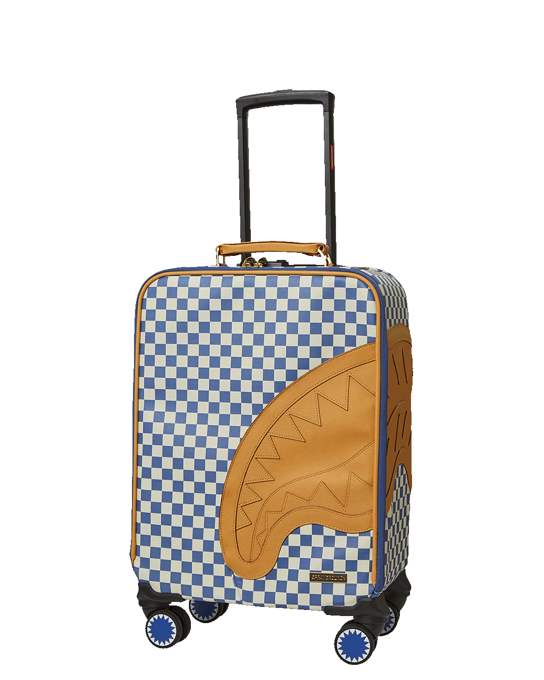 Shark Imperial carry-on luggage on airport trolley, showing faux leather texture and spinner wheels