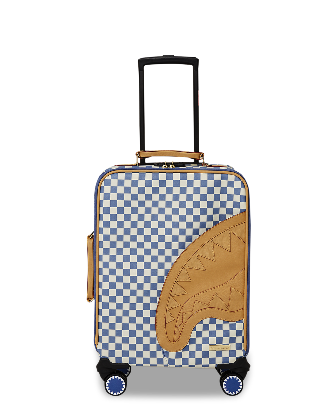 Side view of the faux leather luggage highlighting the telescoping handle and embossed logo