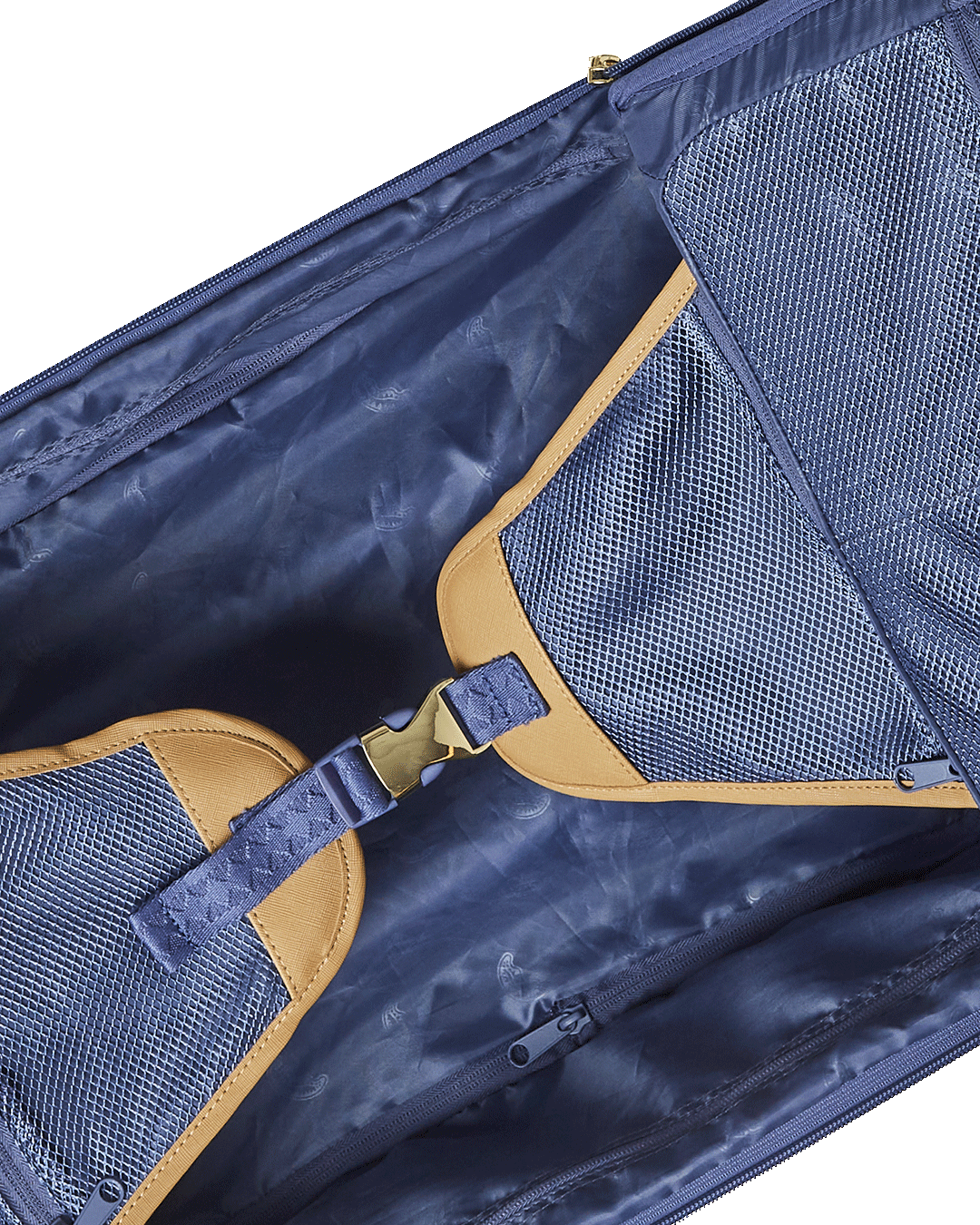 Open interior of the spinner suitcase with mesh pockets and zippered compartments
