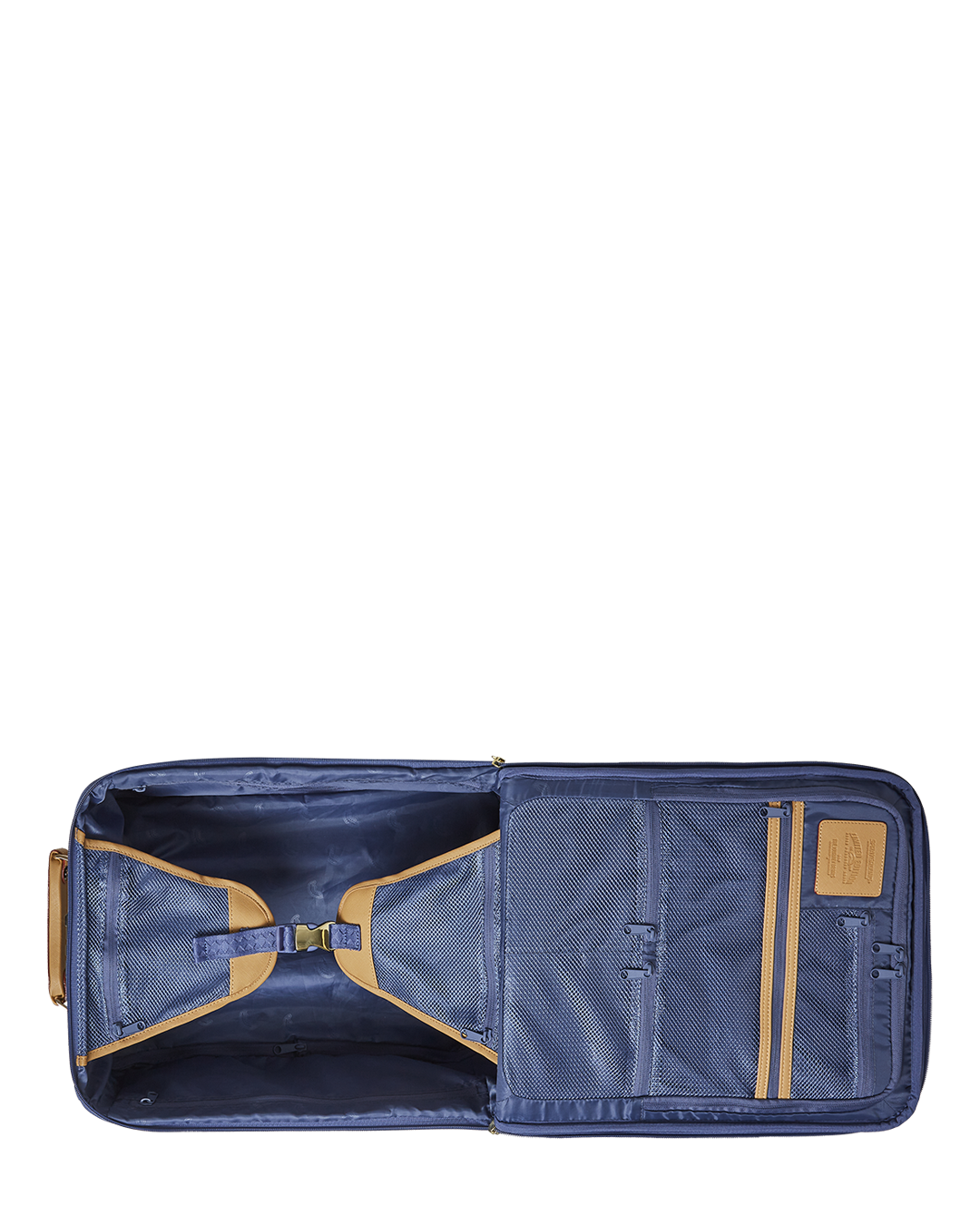 Shark Imperial carry-on luggage on airport trolley, showing faux leather texture and spinner wheels