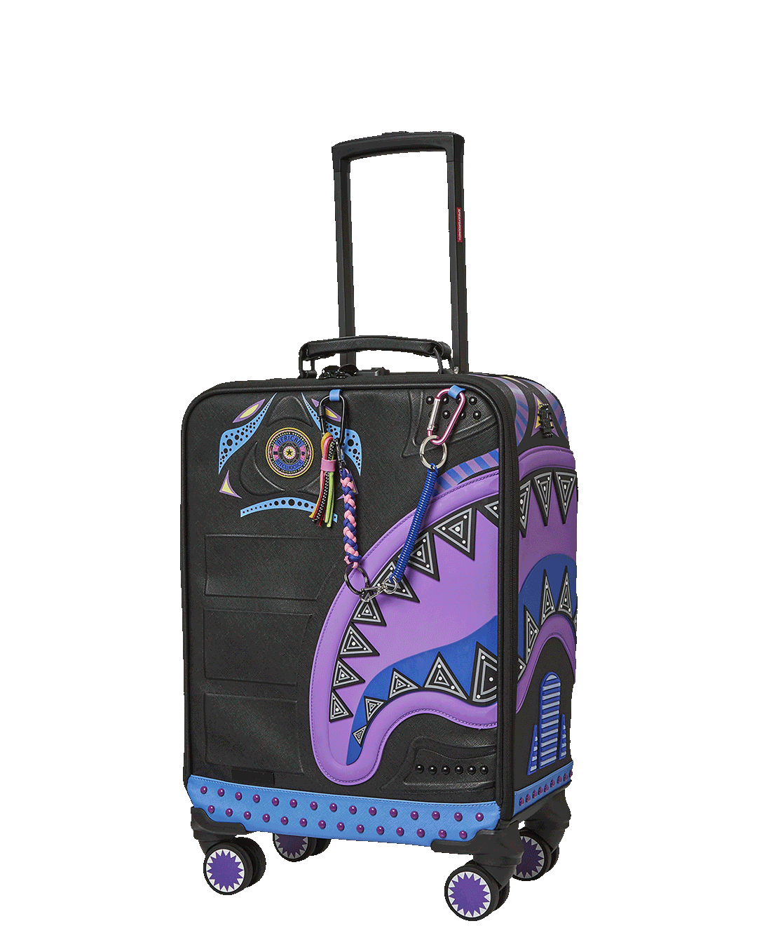 Sandflower luggage front view with shark sculpture design, packed for a weekend trip