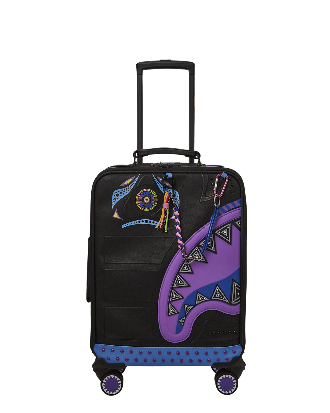 Side profile of hard shell luggage with spinner wheels, placed near a travel backpack