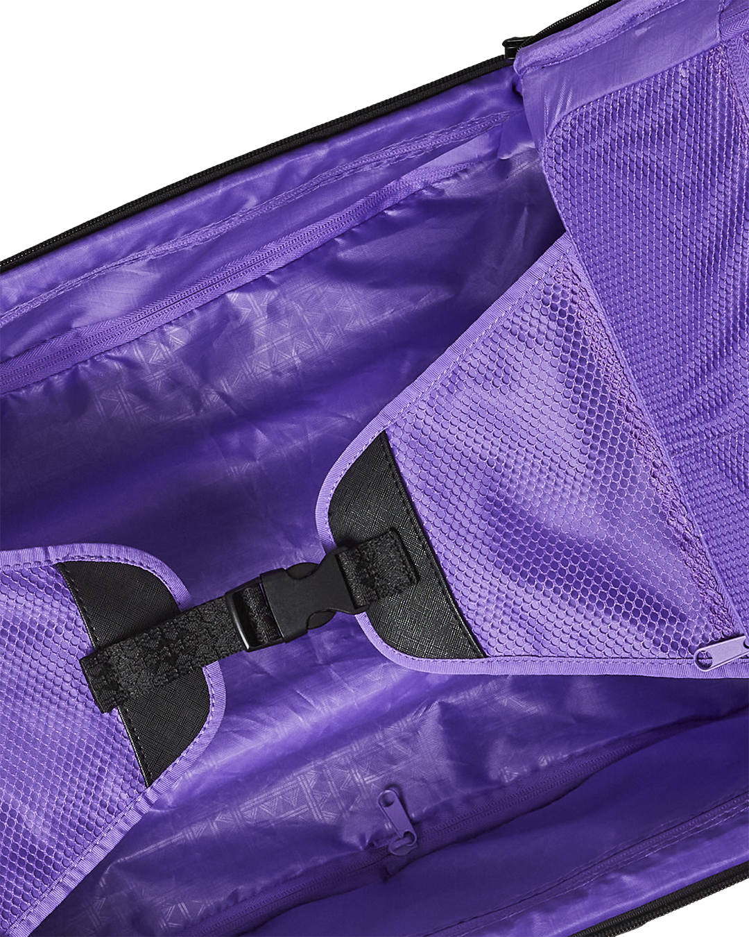 Open interior of carry-on luggage showing organization pockets and satin lining