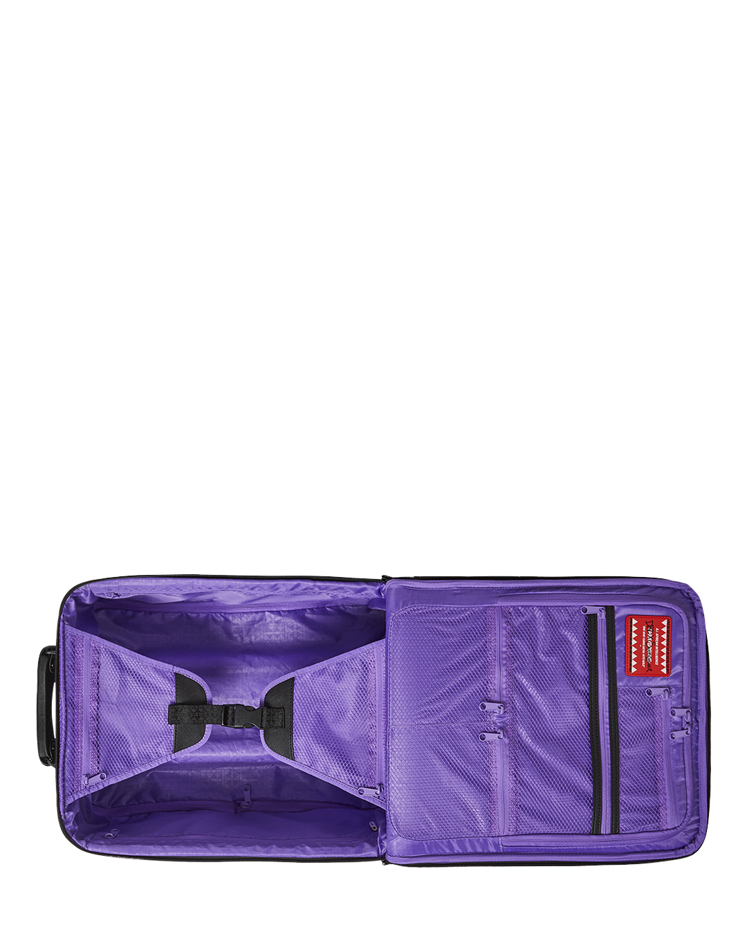 Sandflower luggage front view with shark sculpture design, packed for a weekend trip