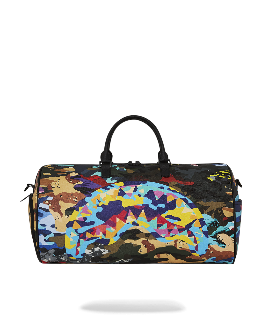 Close-up of faux leather camo duffle bag with gold zippers