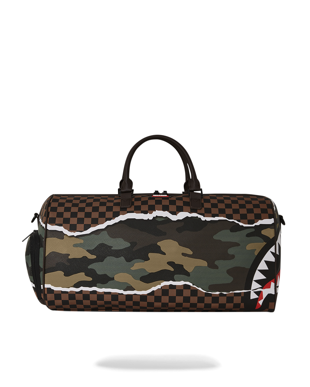 Black faux leather duffle bag open, showing interior pockets and sneaker compartment
