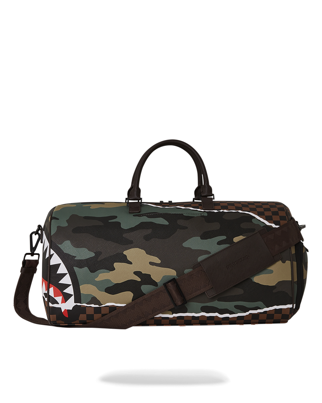 Black faux leather duffle bag open, showing interior pockets and sneaker compartment