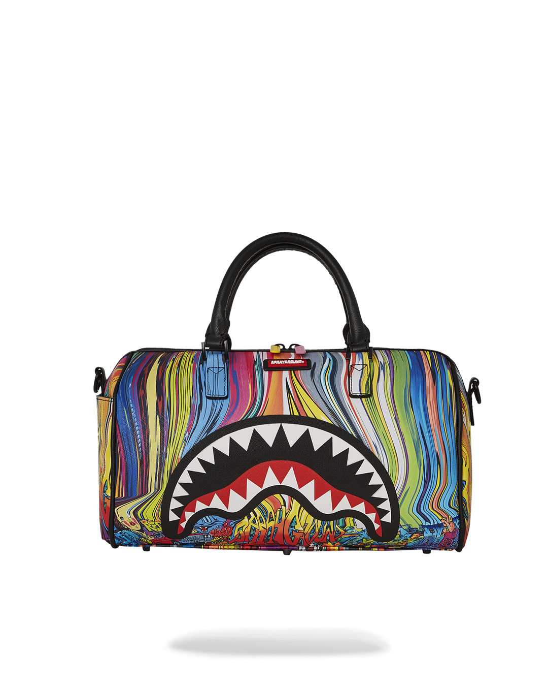 Front view of chic faux leather mini duffle bag with gold zippers