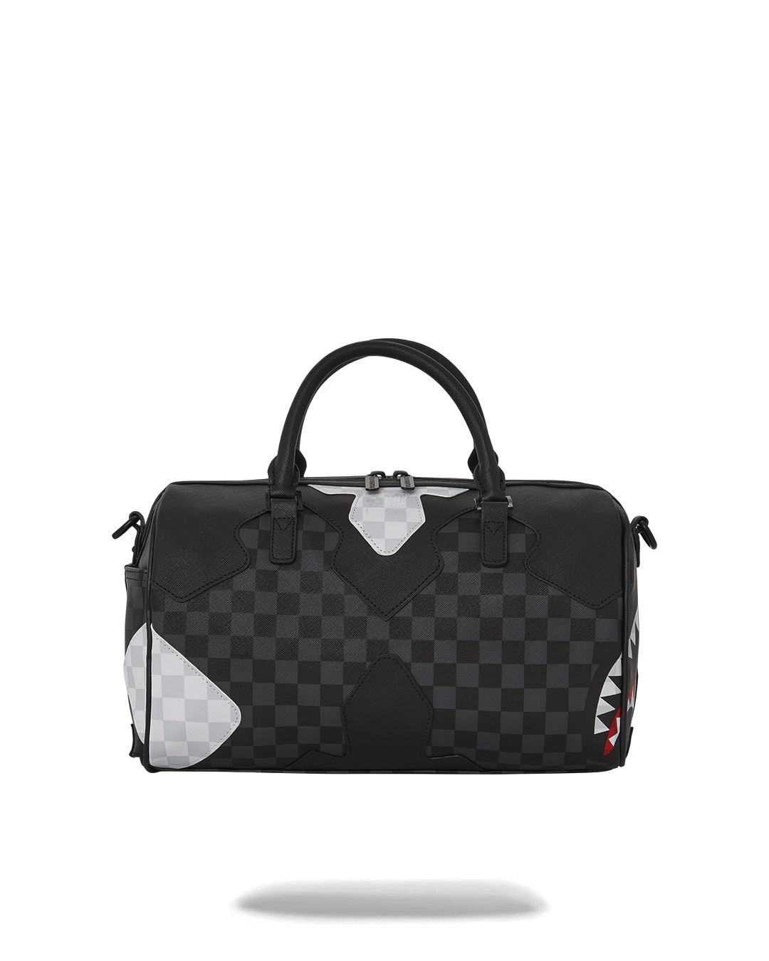 Top angle showing sneaker pocket and gold zippers on the mini duffle.