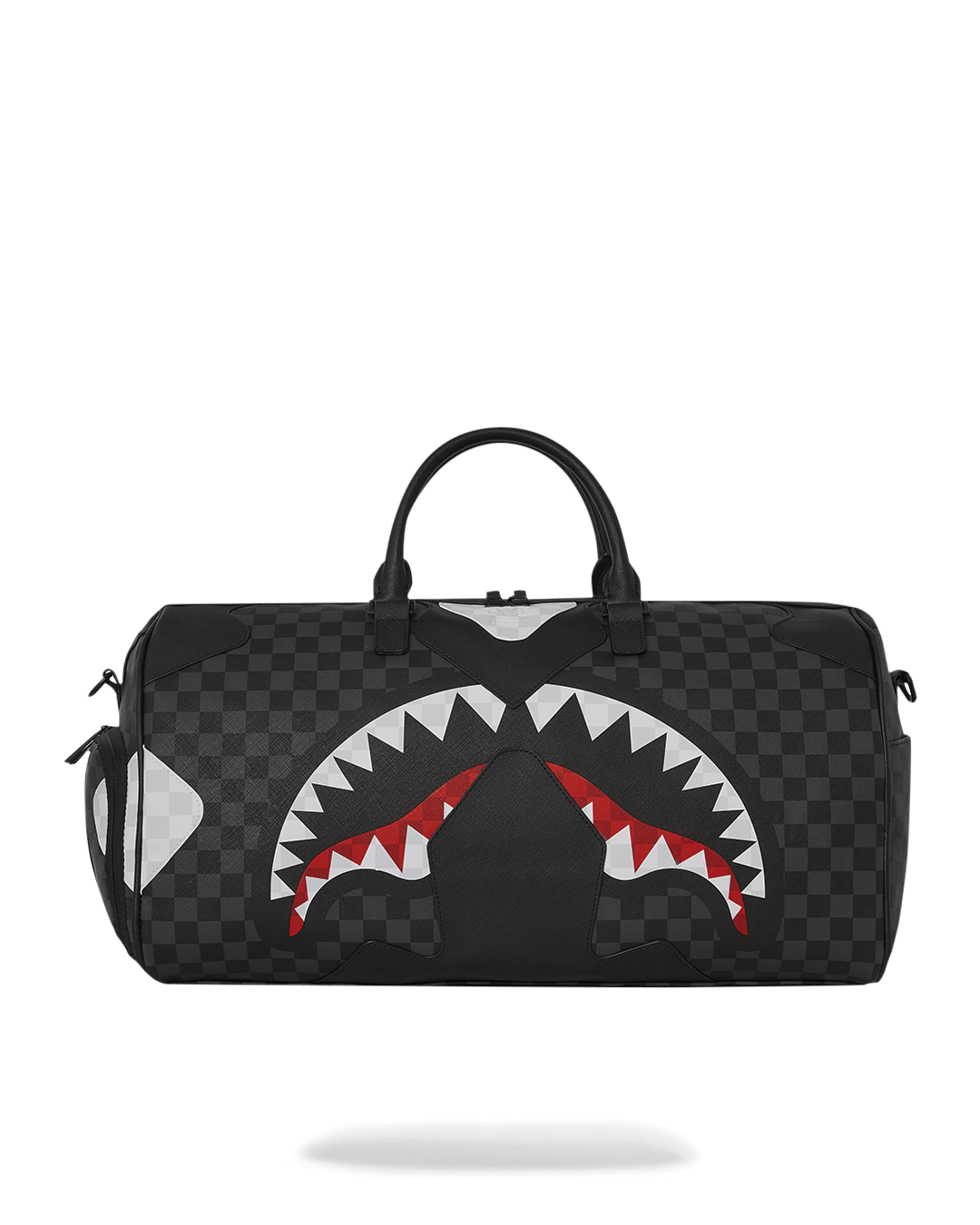 Sprayground duffle bag open, showing interior compartments and sneaker pocket