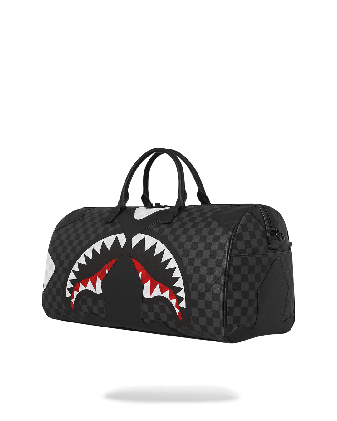 Close-up of gold zippers and faux leather texture on Sprayground travel duffle