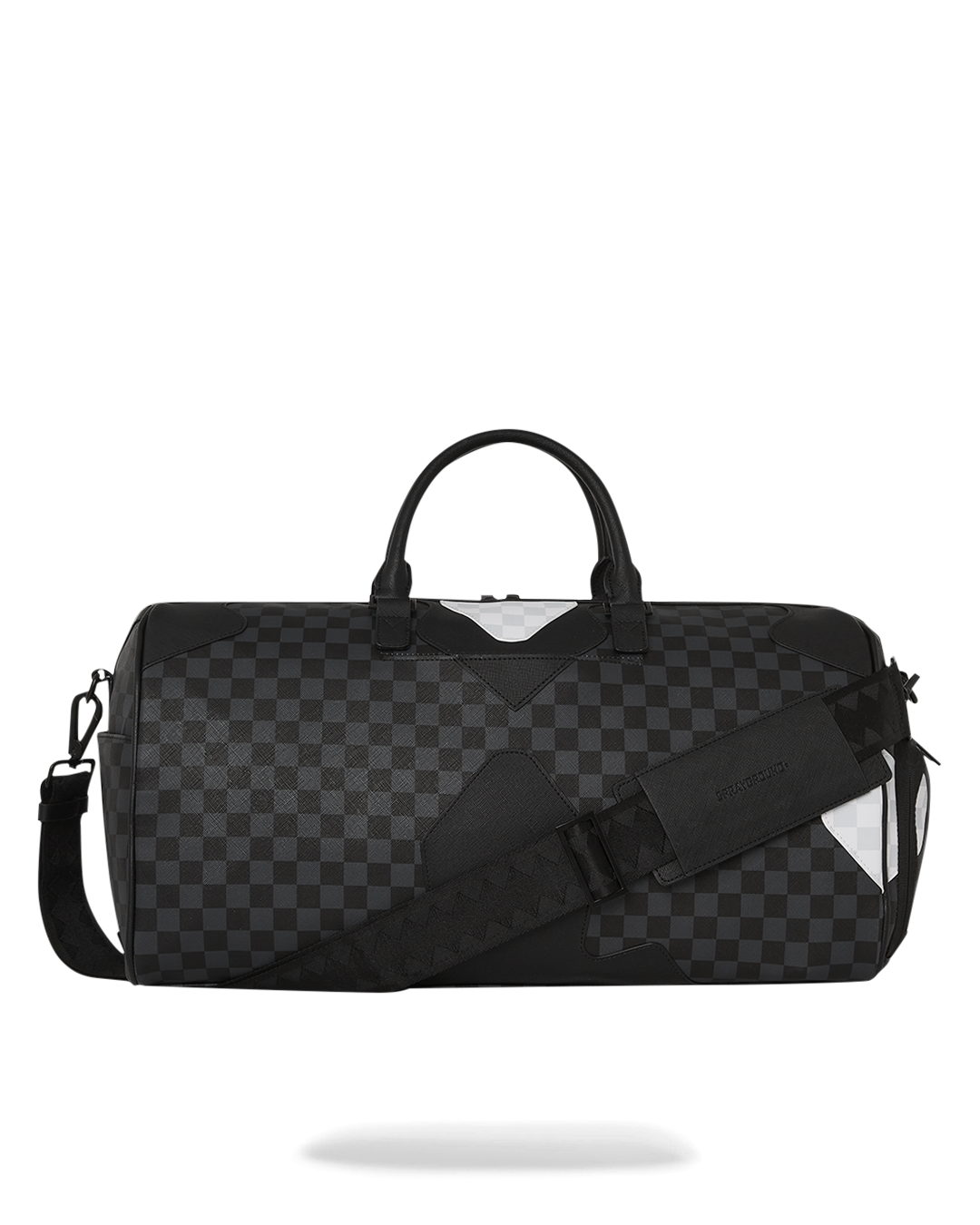 Sprayground duffle bag open, showing interior compartments and sneaker pocket