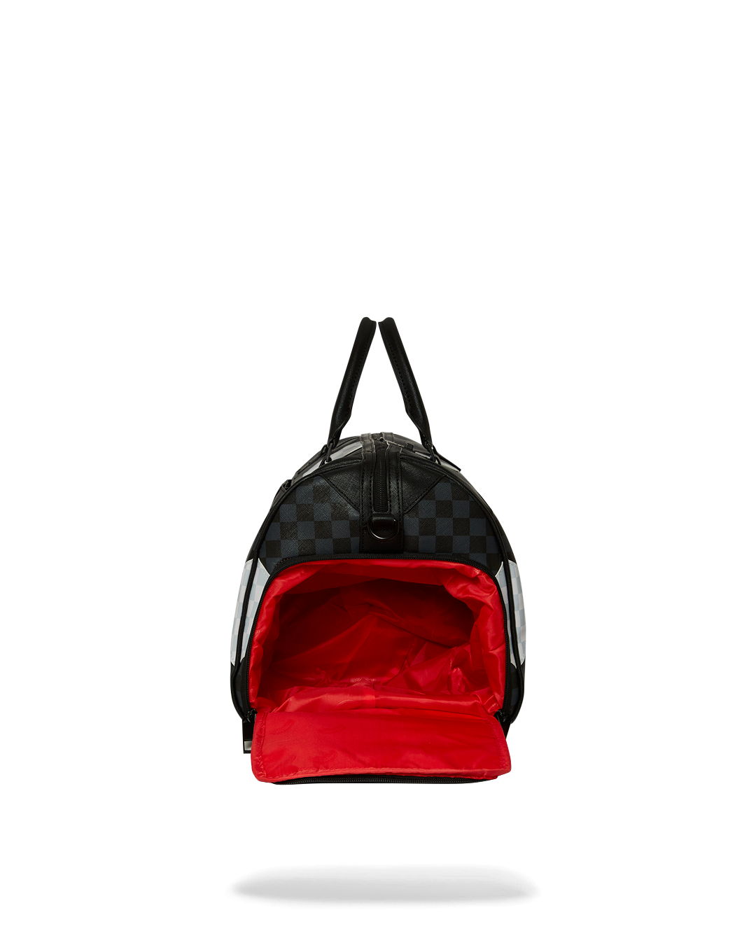 Sprayground duffle bag open, showing interior compartments and sneaker pocket