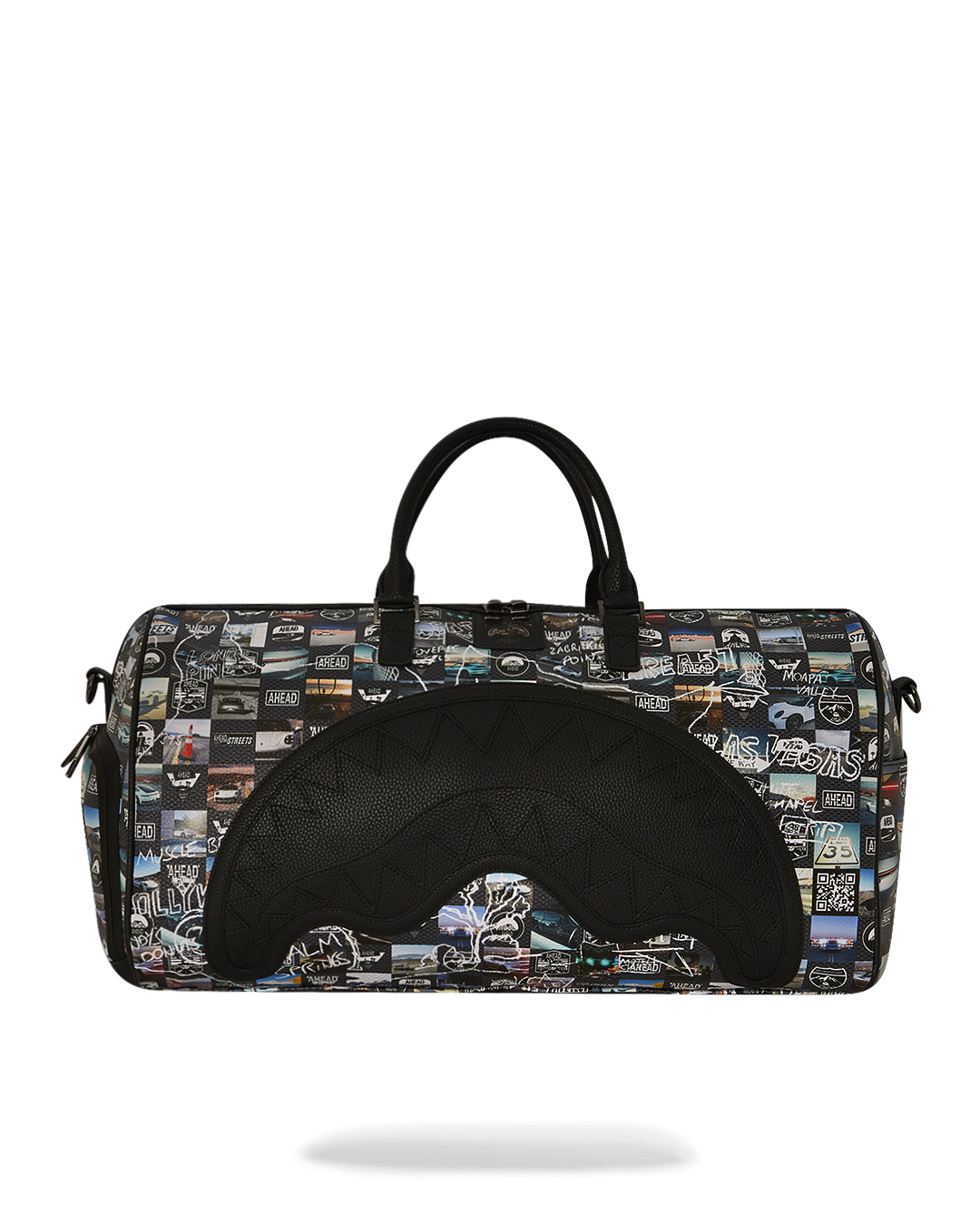 Front view of the Porsche rolling duffle bag showcasing comic design.