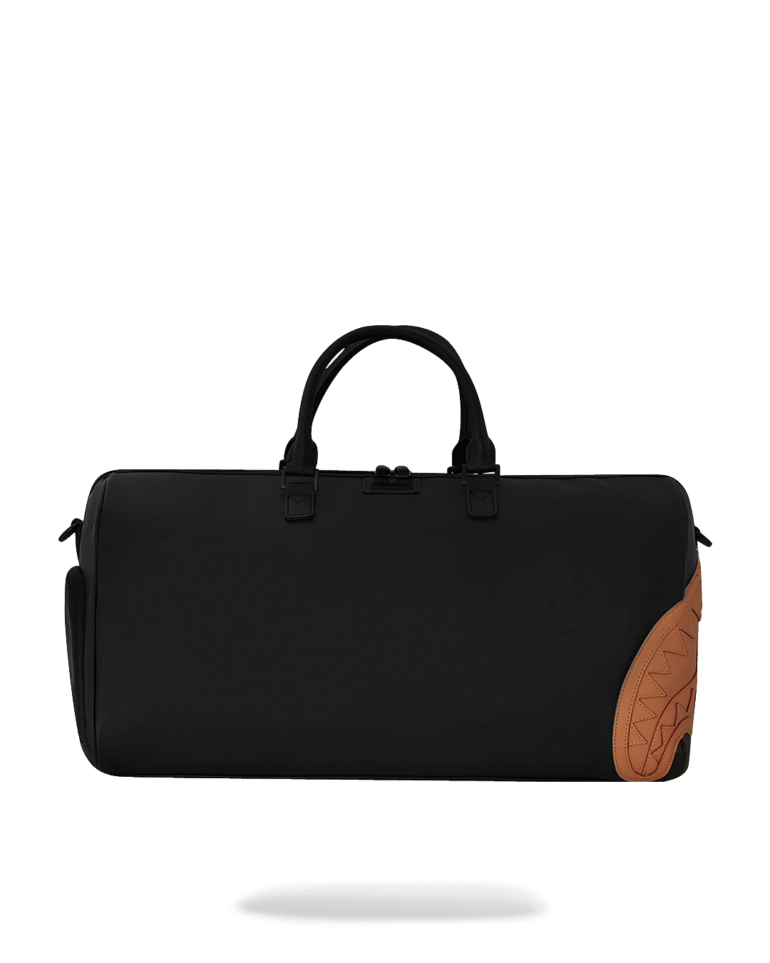 Top angle of faux leather duffle bag showing gold hardware and adjustable strap.