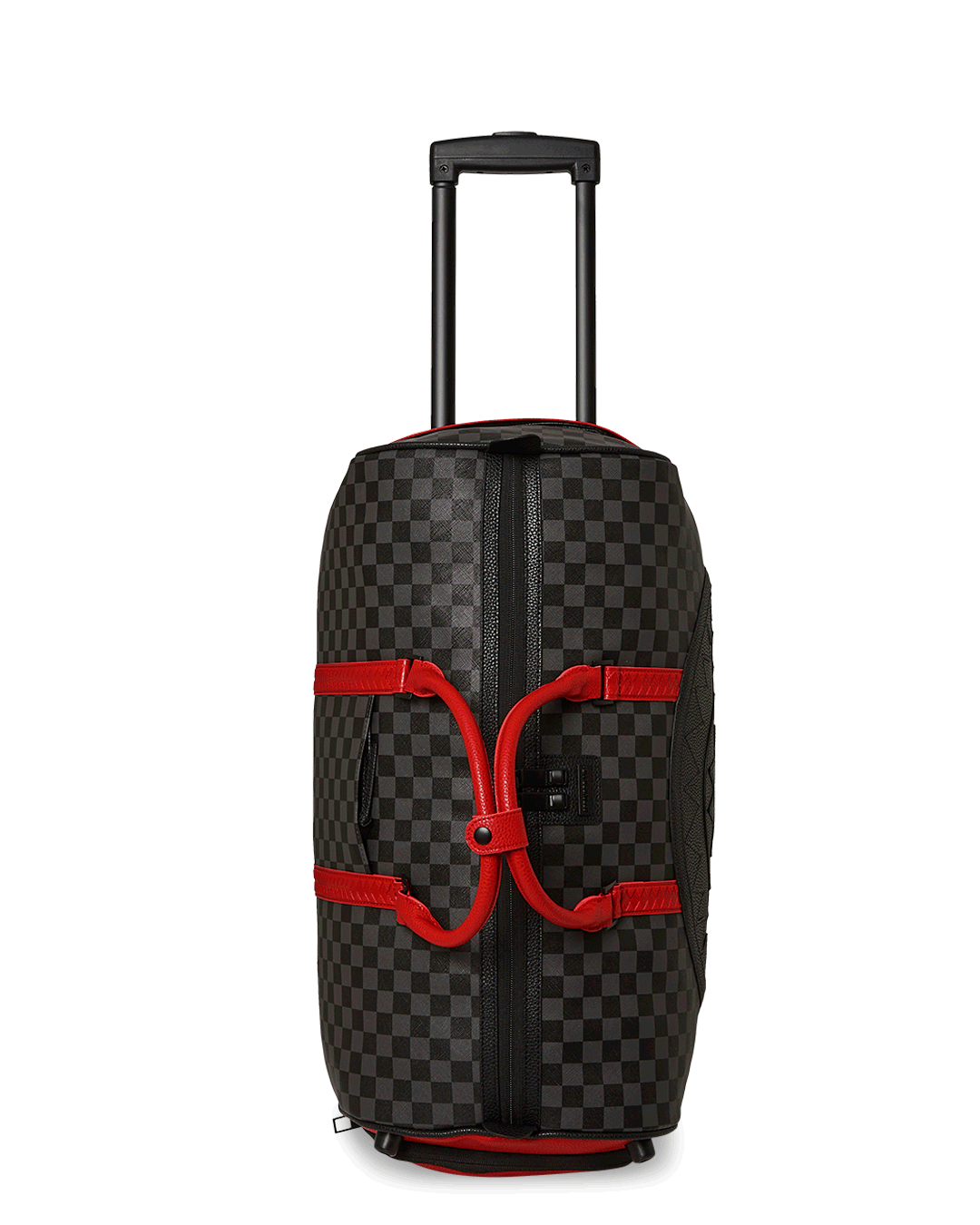 Front view of Monaco Shark Club leather duffle with wheels and handle extended