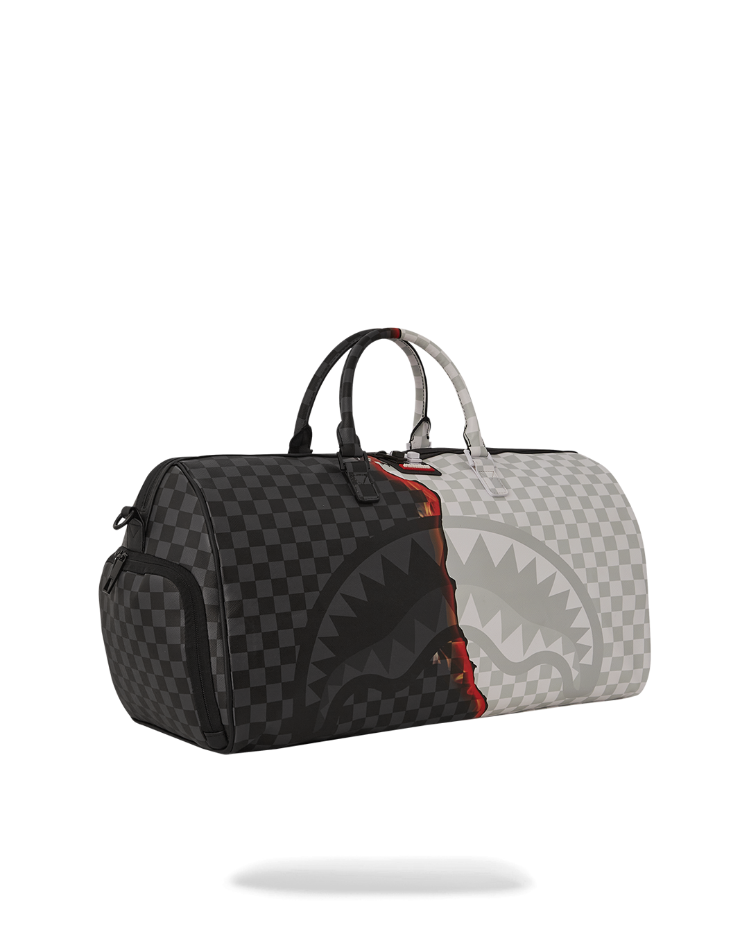 Close-up of metal hardware and faux leather fabric on travel duffle bag