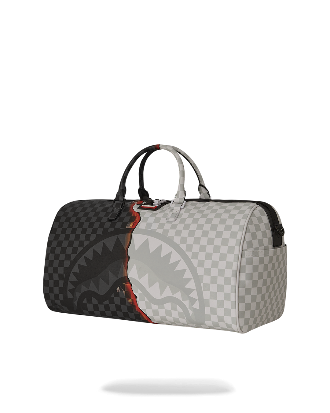 Side angle of wheeled large duffle bag with adjustable straps for easy portability